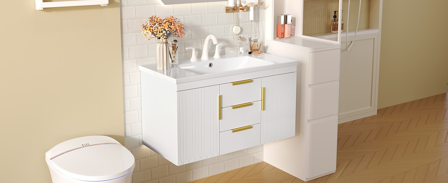36″ Floating Bathroom Vanity Cabinet with 2 Drawers, Solid Wood, White