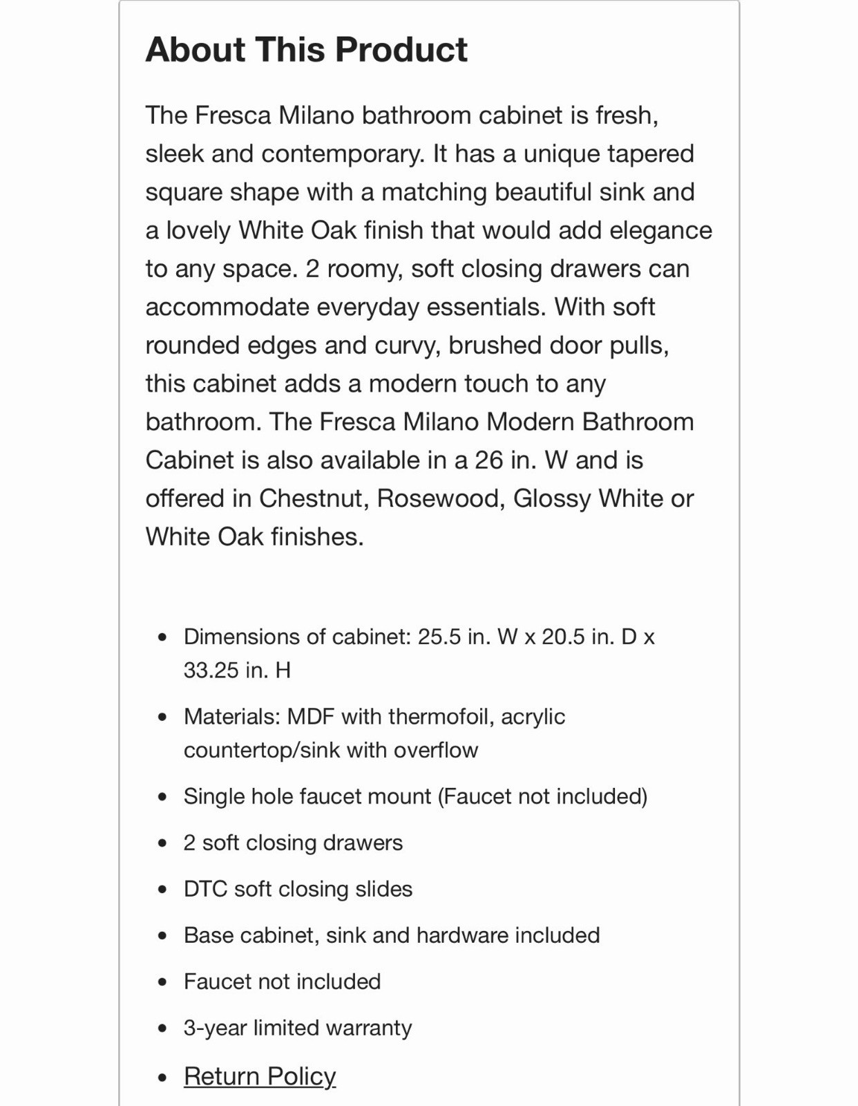 Fresca Milano Single Sink Bathroom Vanity White Oak 25.5″ Freestanding, 2 Soft …