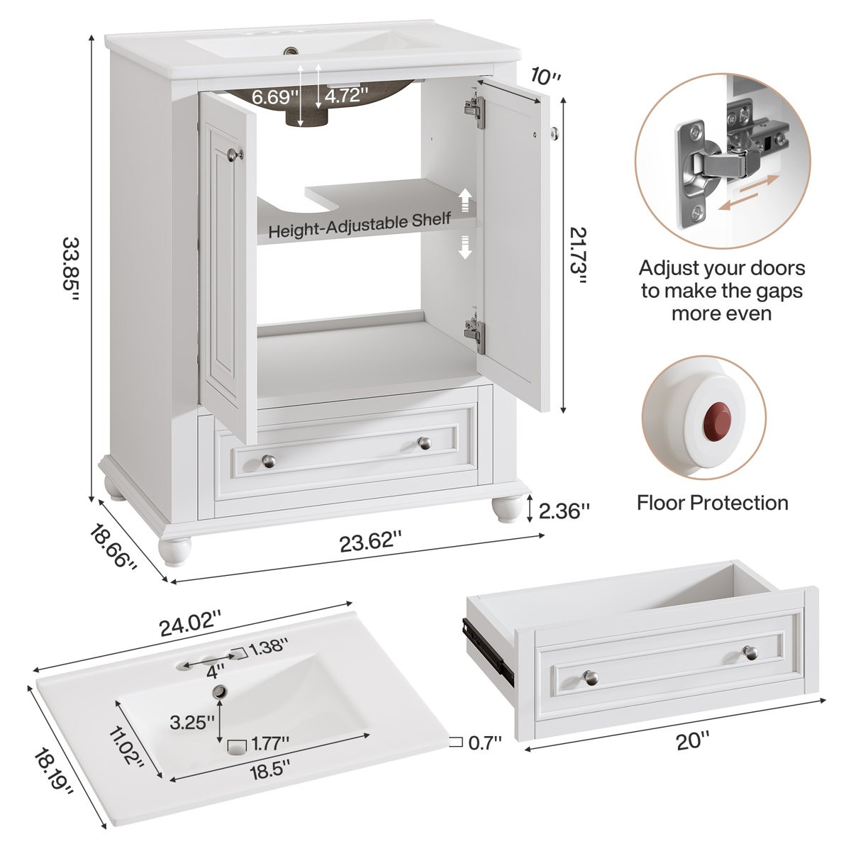 24 inch Bathroom Vanity with Ceramic Sink Combo Cabinet with 2 Doors & 1 Drawer