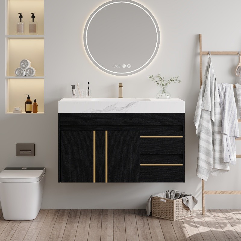 36″ Modern Floating Bathroom Vanity w/Integrated Ceramic Sink & Faux Marble Top