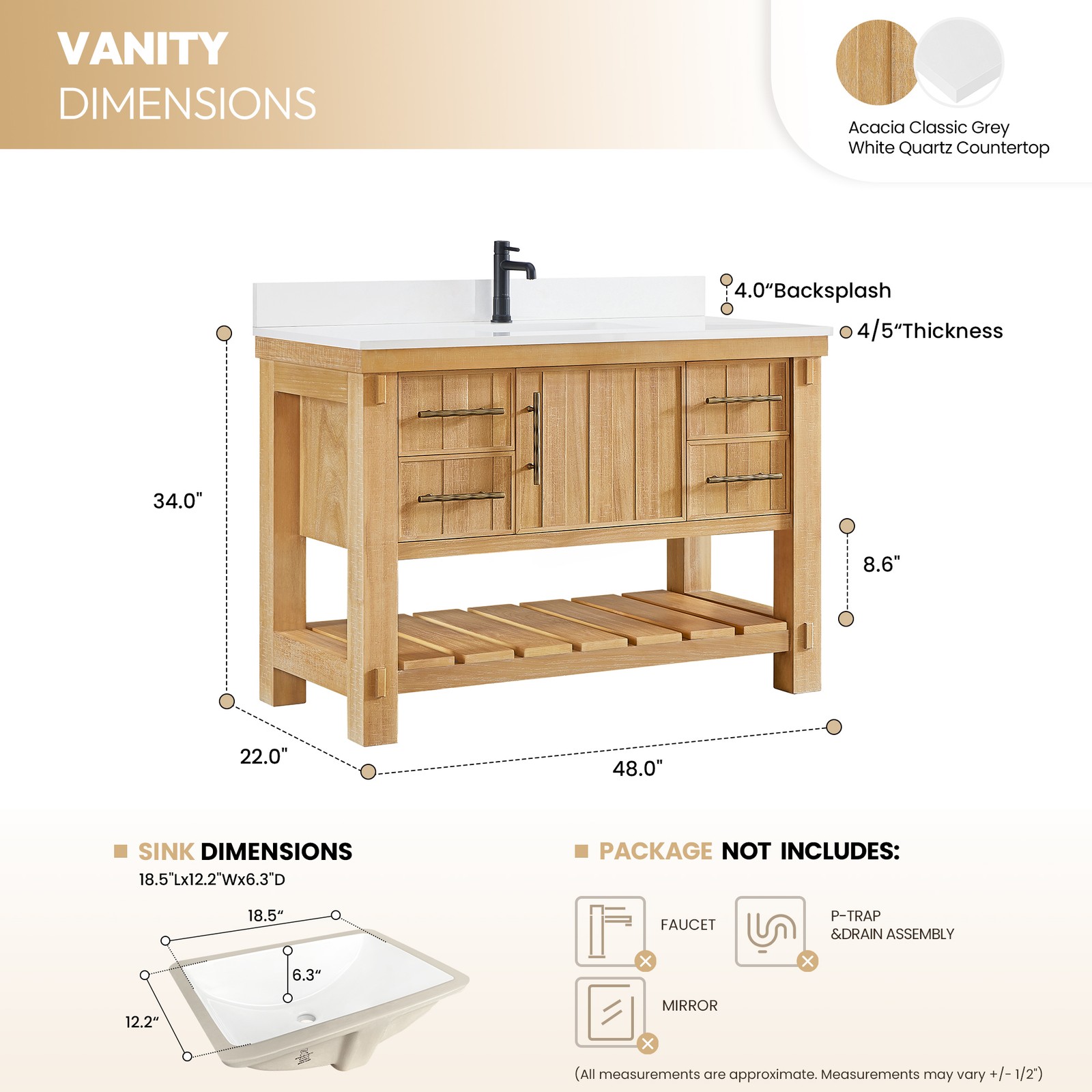 Paris 48″ Single Bath Vanity in Acacia Classic Grey with White Quartz Stone Top