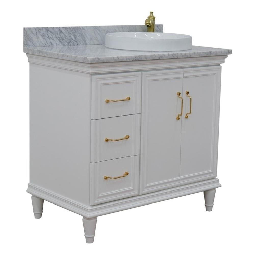 37 in. Single Wooden Vanity White White Carrara Round Right Door.Right Sink