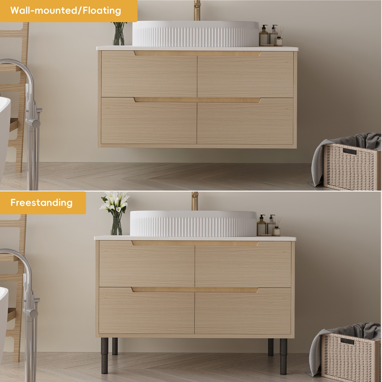 36″ Bathroom Vanity, Freestanding or Wall Mounted with Ceramic Integrated Sink