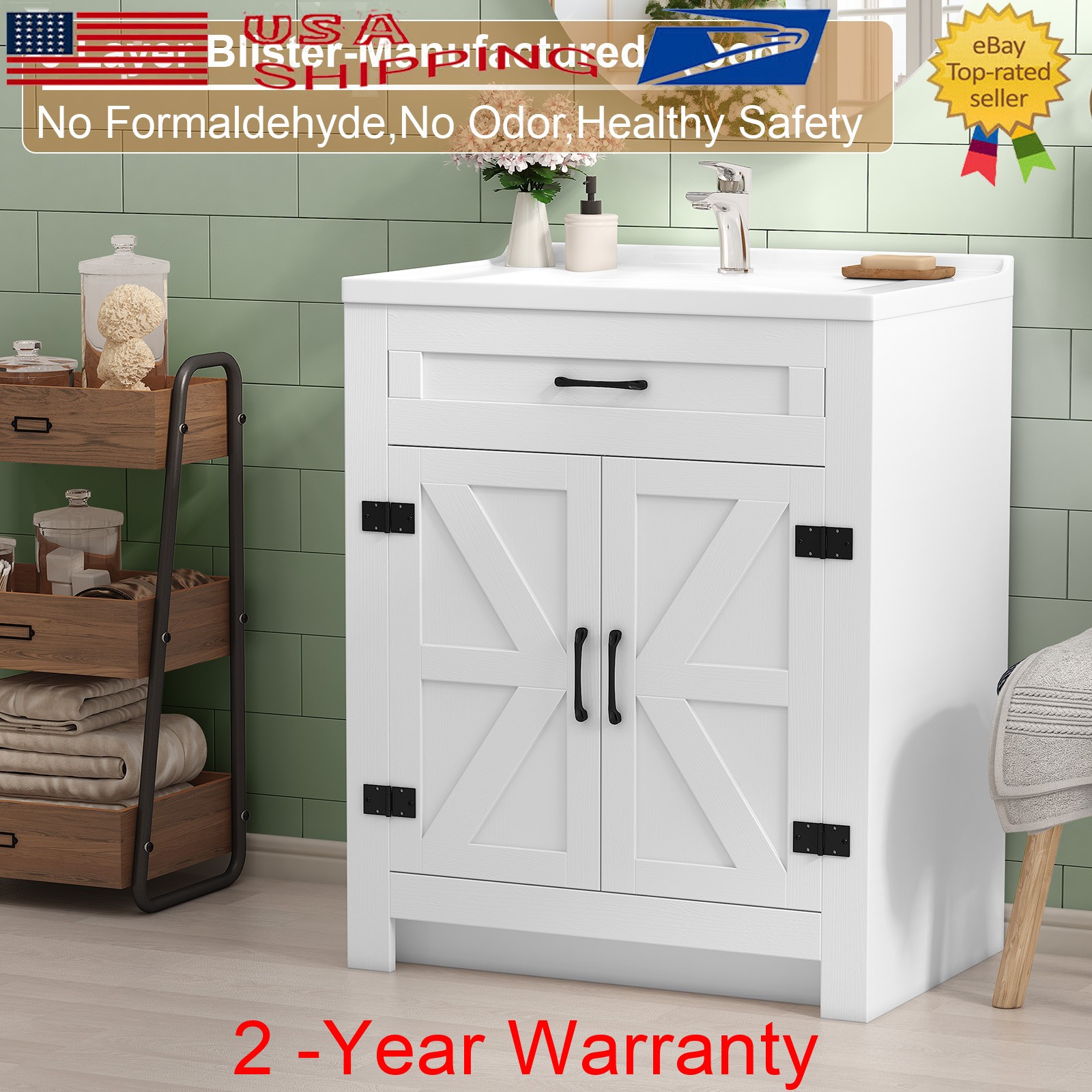 31” Bathroom Vanity Combo with Drop in Ceramic Sink Storage Cabinet Set White