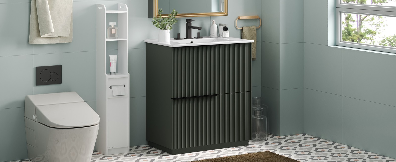 30″ Green Fluted Bathroom Vanity with Ceramic Sink & Soft Close