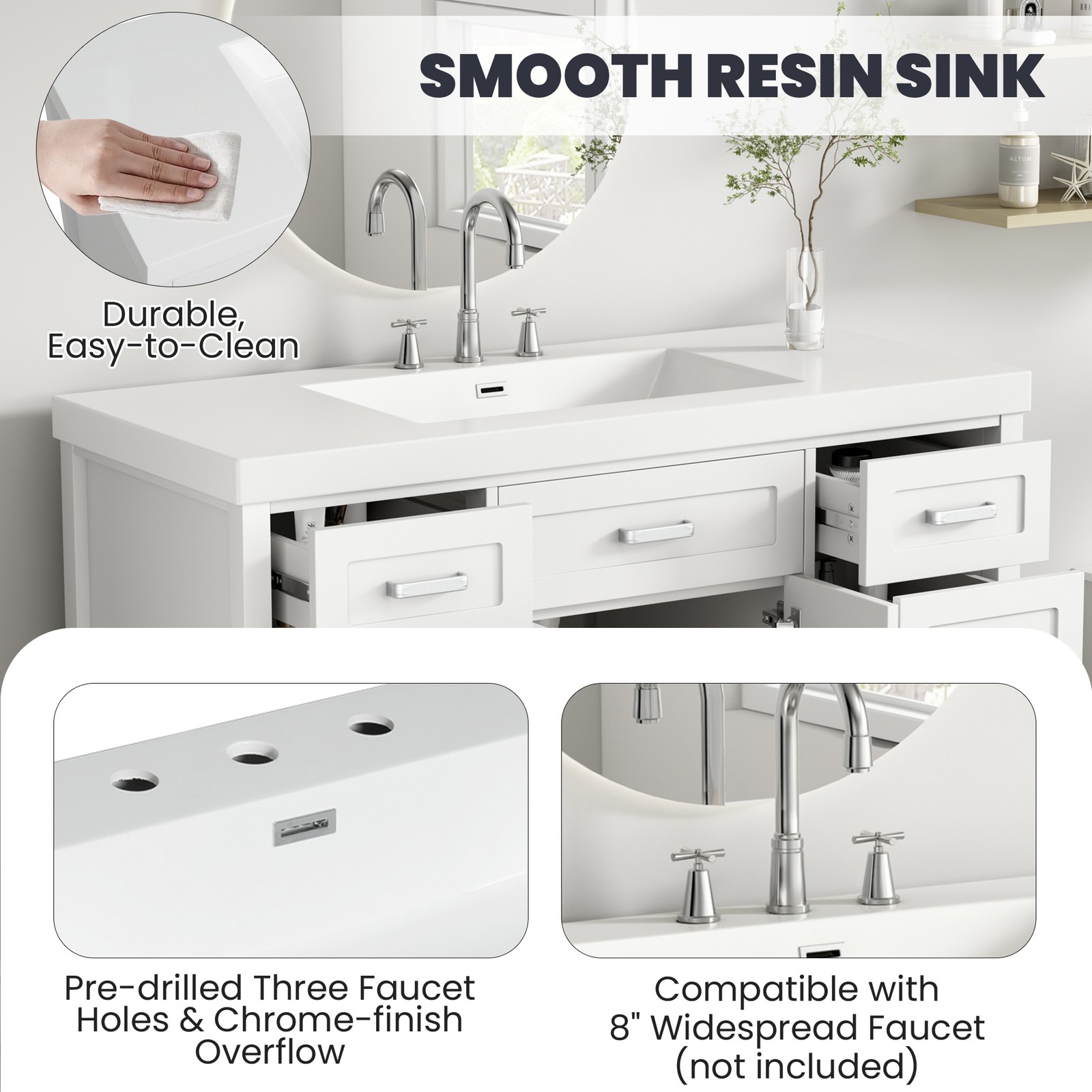 48″ Resin Bathroom Vanity Top with 3-Hole Sink in Bright White