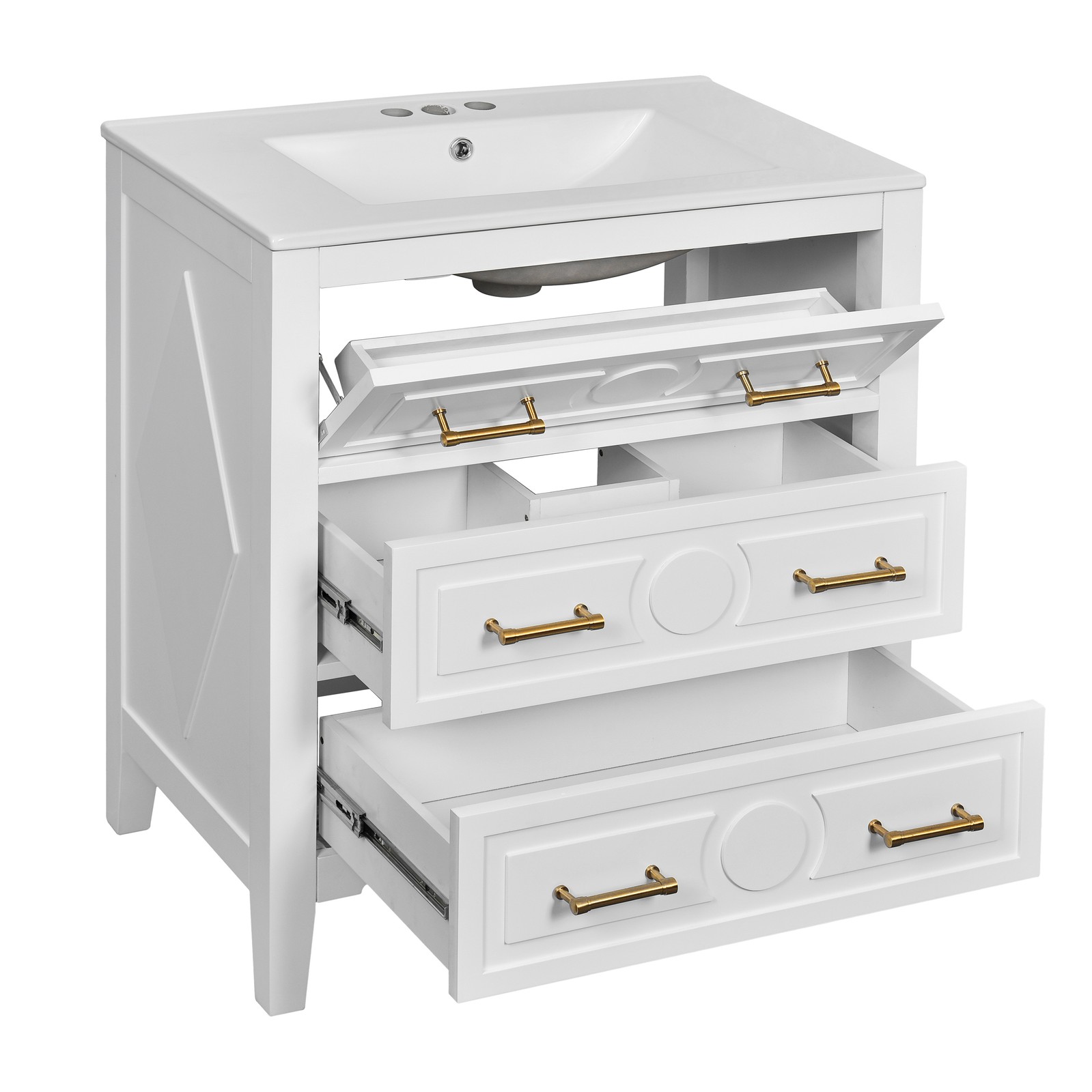 30″ Bathroom Vanity with Ceramic Sink Combo, White, 3 Drawers