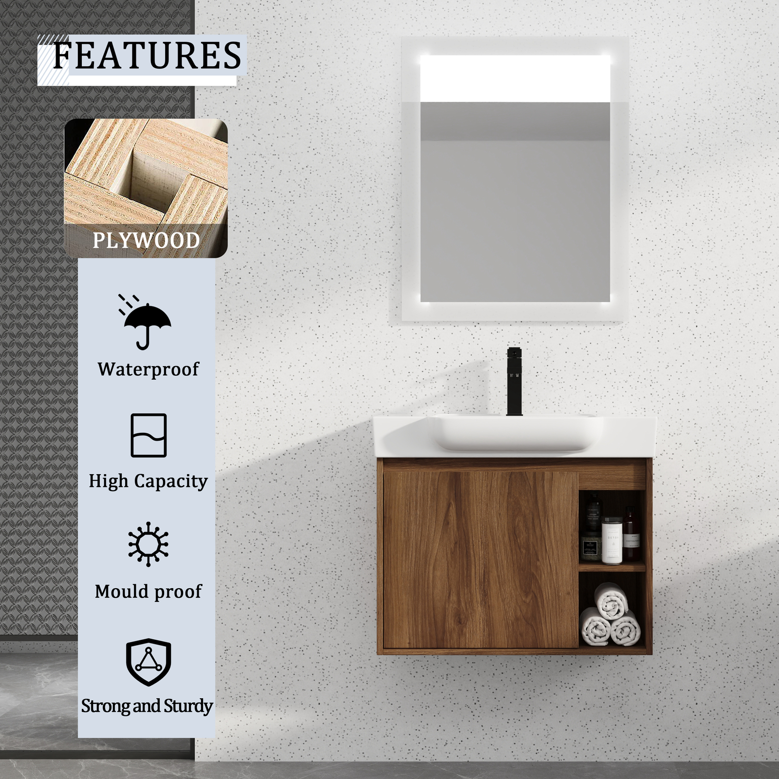 28” Plywood Wall-Mounted Bathroom Vanity Cabinet W/ Ceramic Sink /Shelves Brown