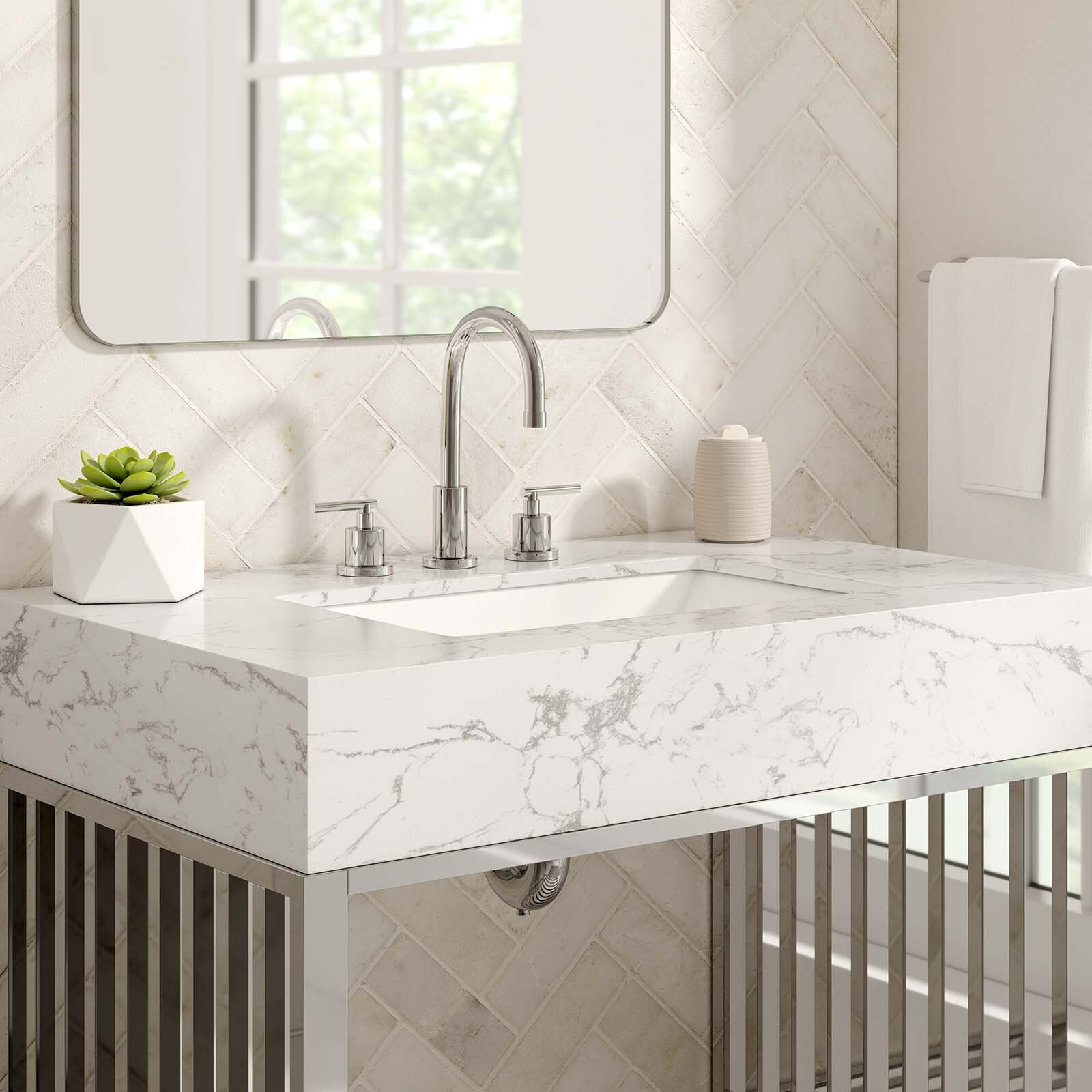 Modway Gridiron 36″ Bathroom Vanity in White Silver
