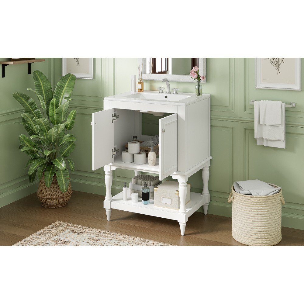 24″ Modern Bathroom Vanity w/ Ceramic Sink & Storage, White