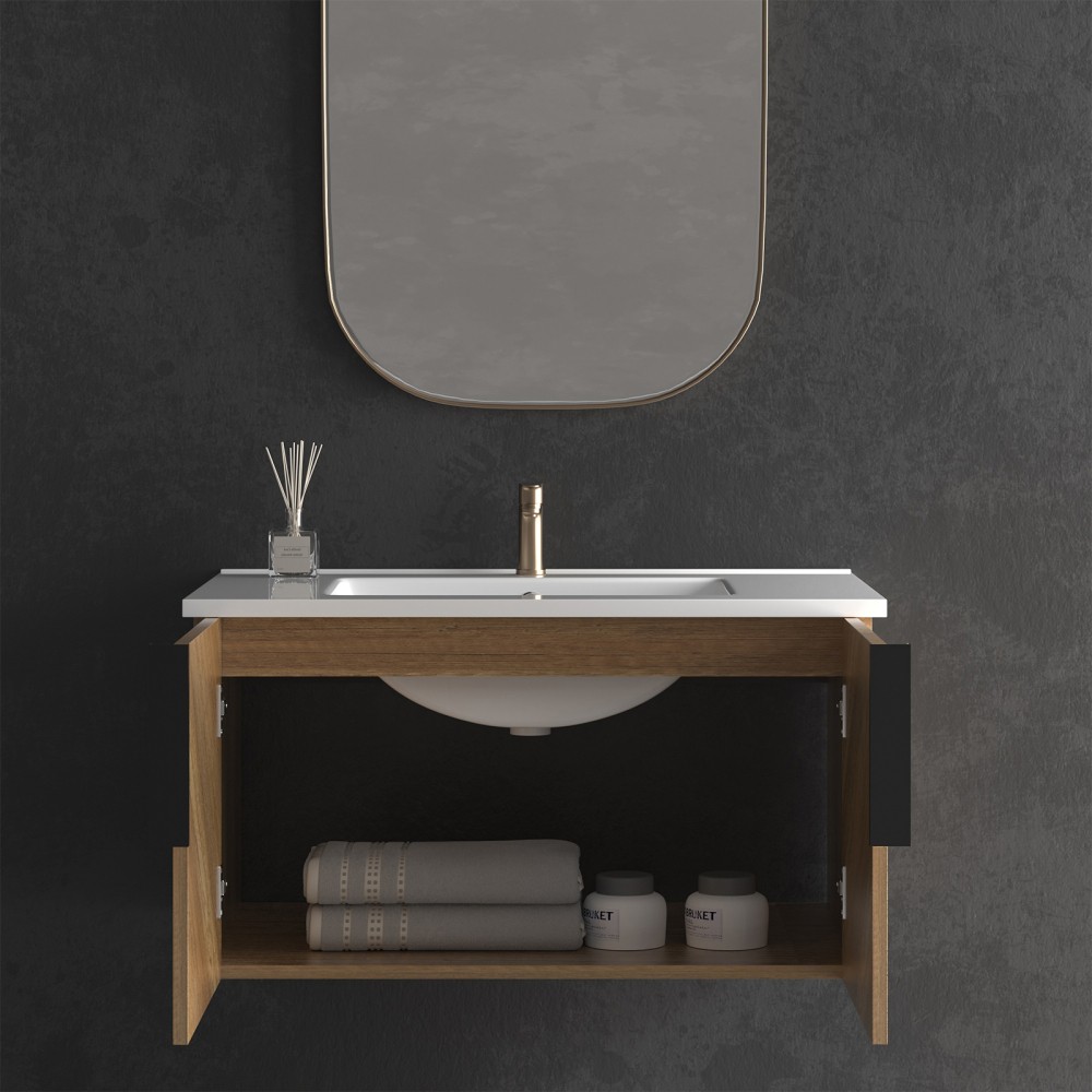30″ Wall Mount Bathroom Vanity w/ Integrated Sink & 3D Fluted Panel