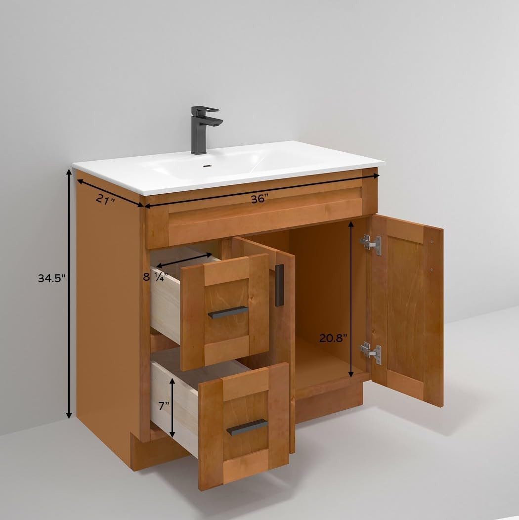 36″ Maple Shaker Sink Base Bathroom Vanity with Drawers – Easy Assembly