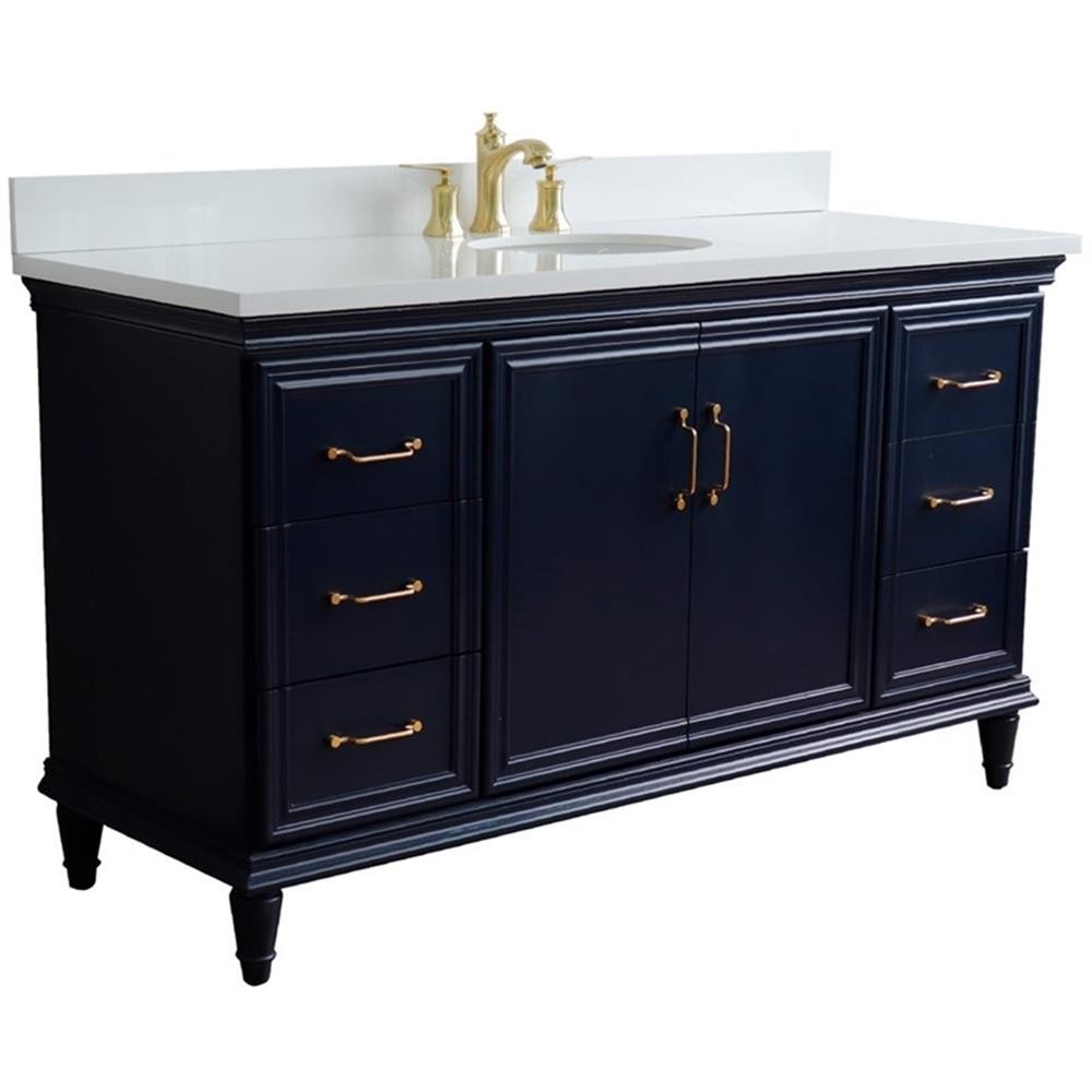 61 in. Single Wooden Vanity Blue White Quartz Oval Sink