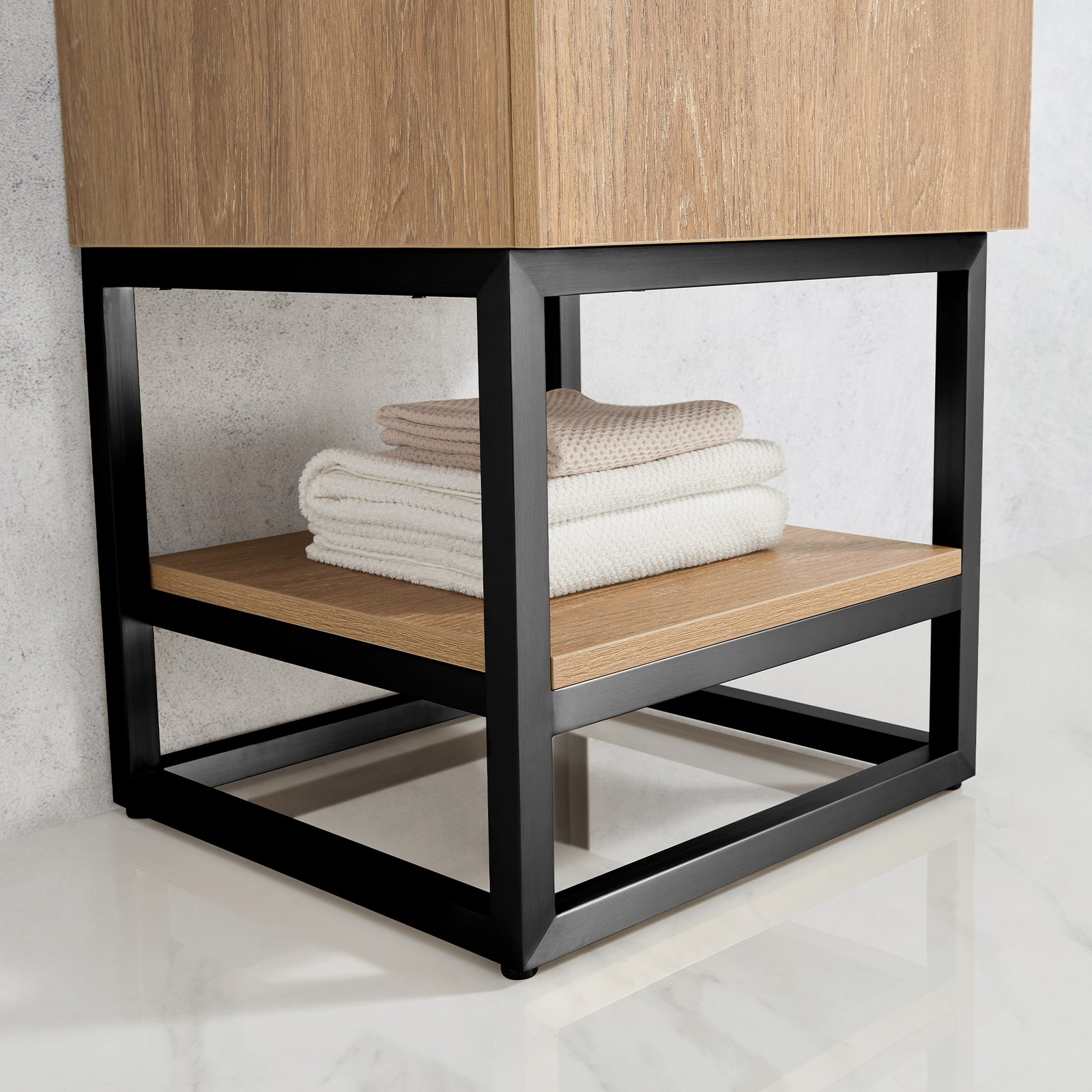 Vinnova Alistair 18″ White Stone Top Oak Single Vanity Black Frame w/o Mirror