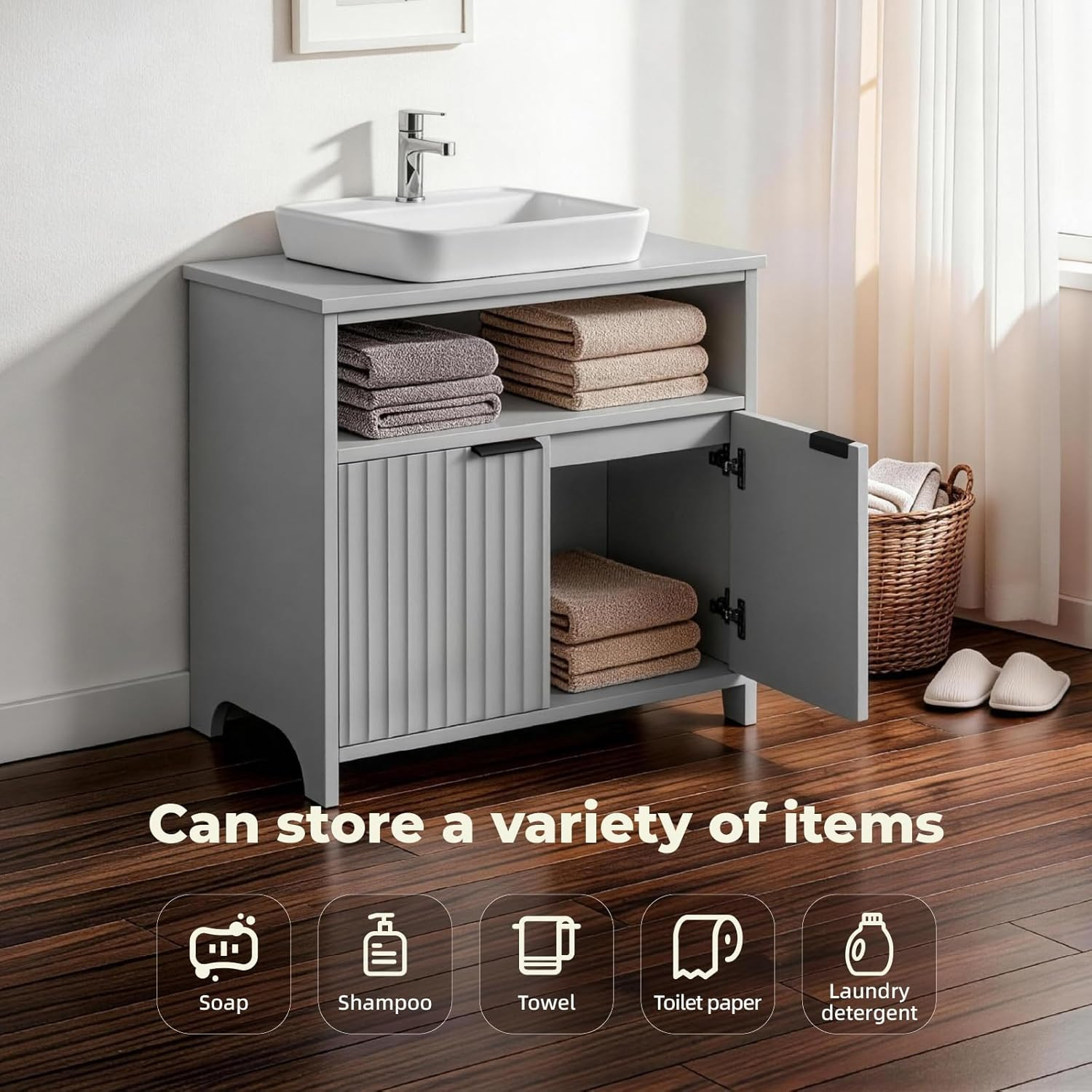 Grey under Sink Bathroom Cabinet, Freestanding Pedestal Sink Storage Vanity Base
