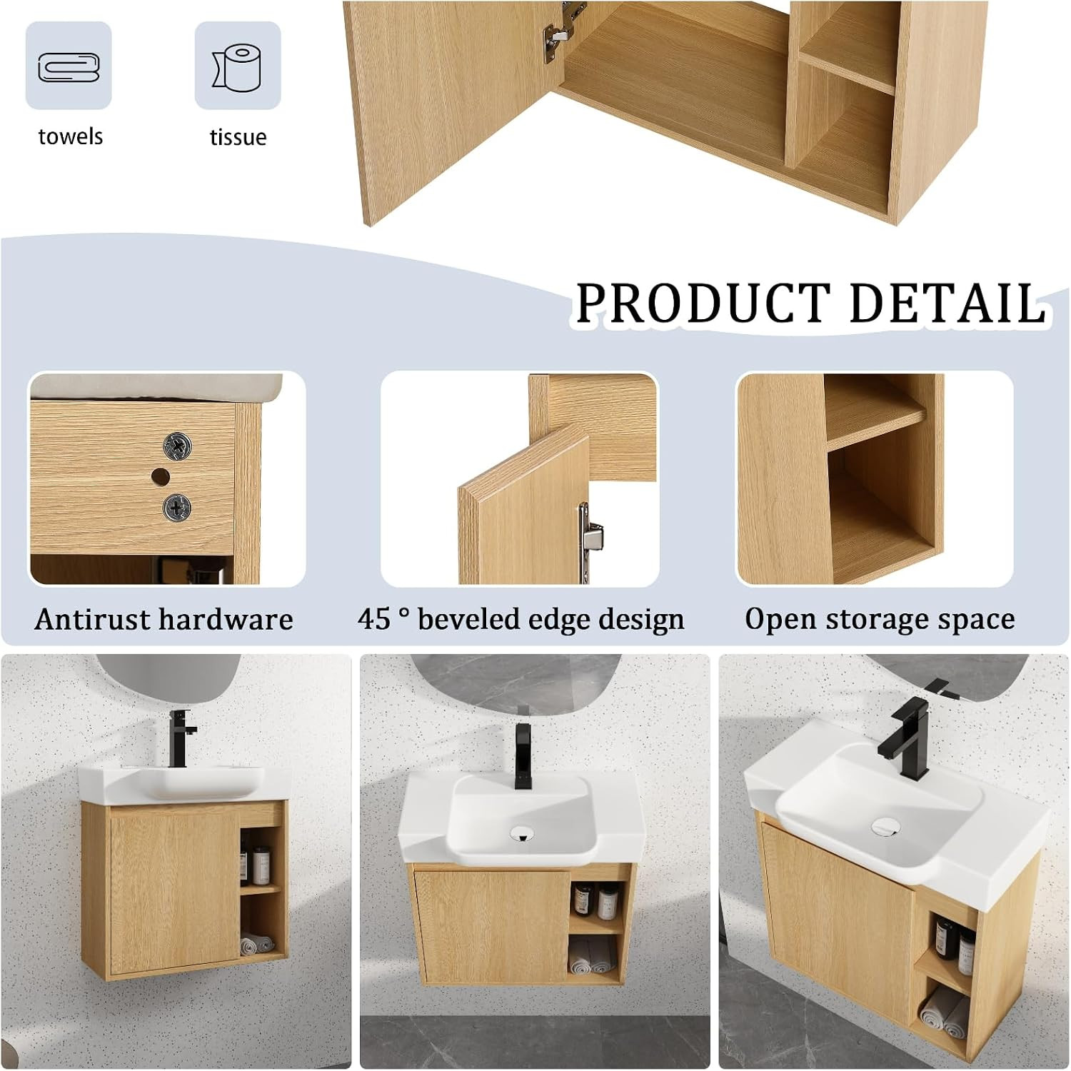Modern 24″ Wall-Mounted Bathroom Vanity with Ceramic Sink & Open Shelves, Light
