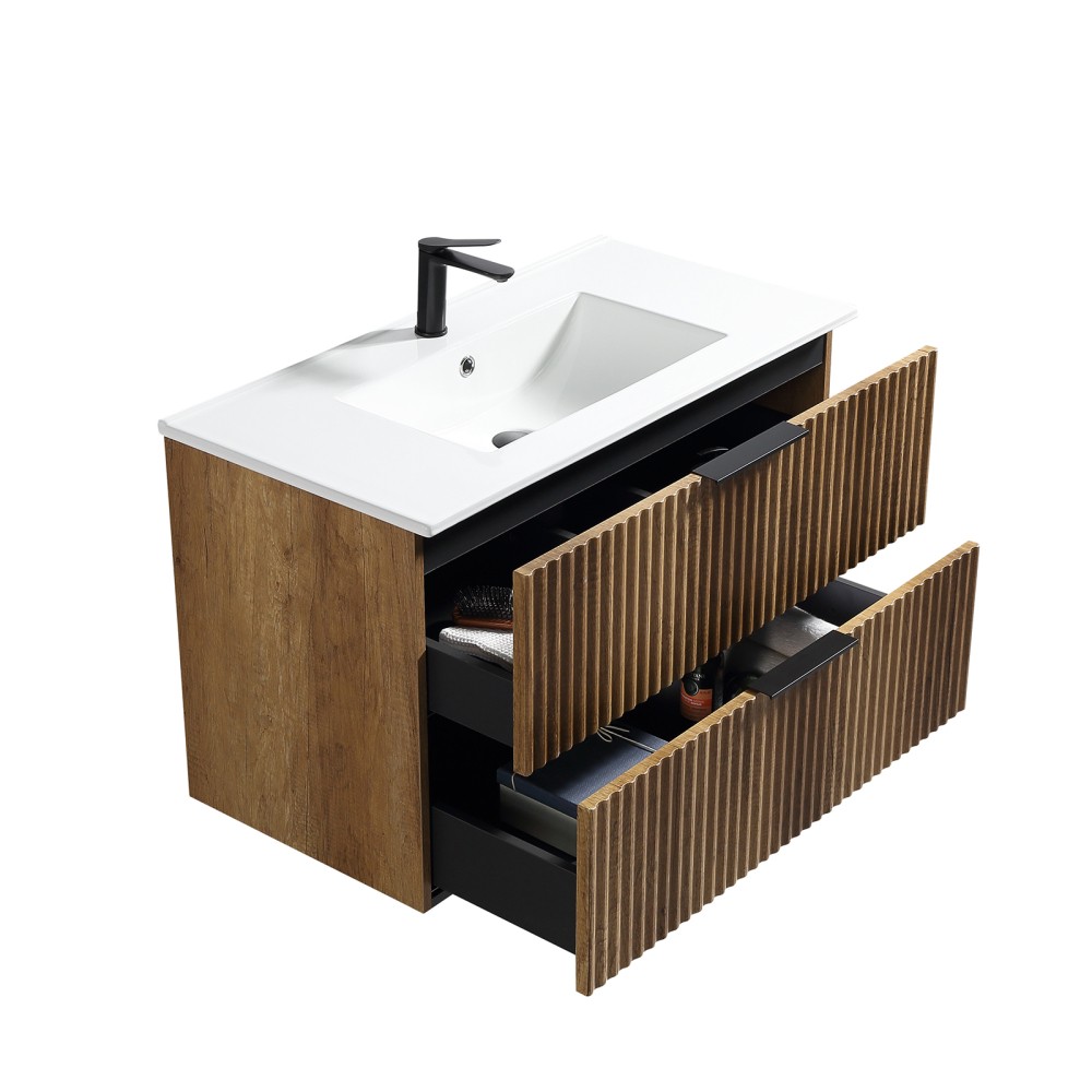 35.04 in Modern Golden Oak Floating Vanity with Ceramic Sink