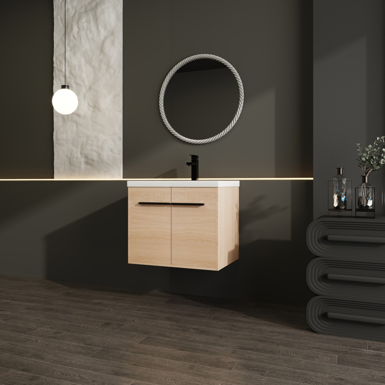 24″ Floating Wall Mounted Bathroom Vanity Cabinet with Resin Basin Natural Oak
