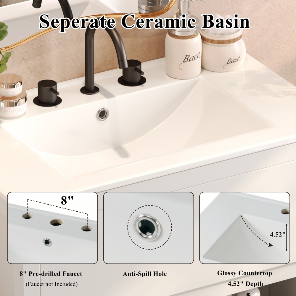 30″ Bathroom Vanity w/Ceramic Sink & 2 Drawers Freestanding Bathroom Vanity