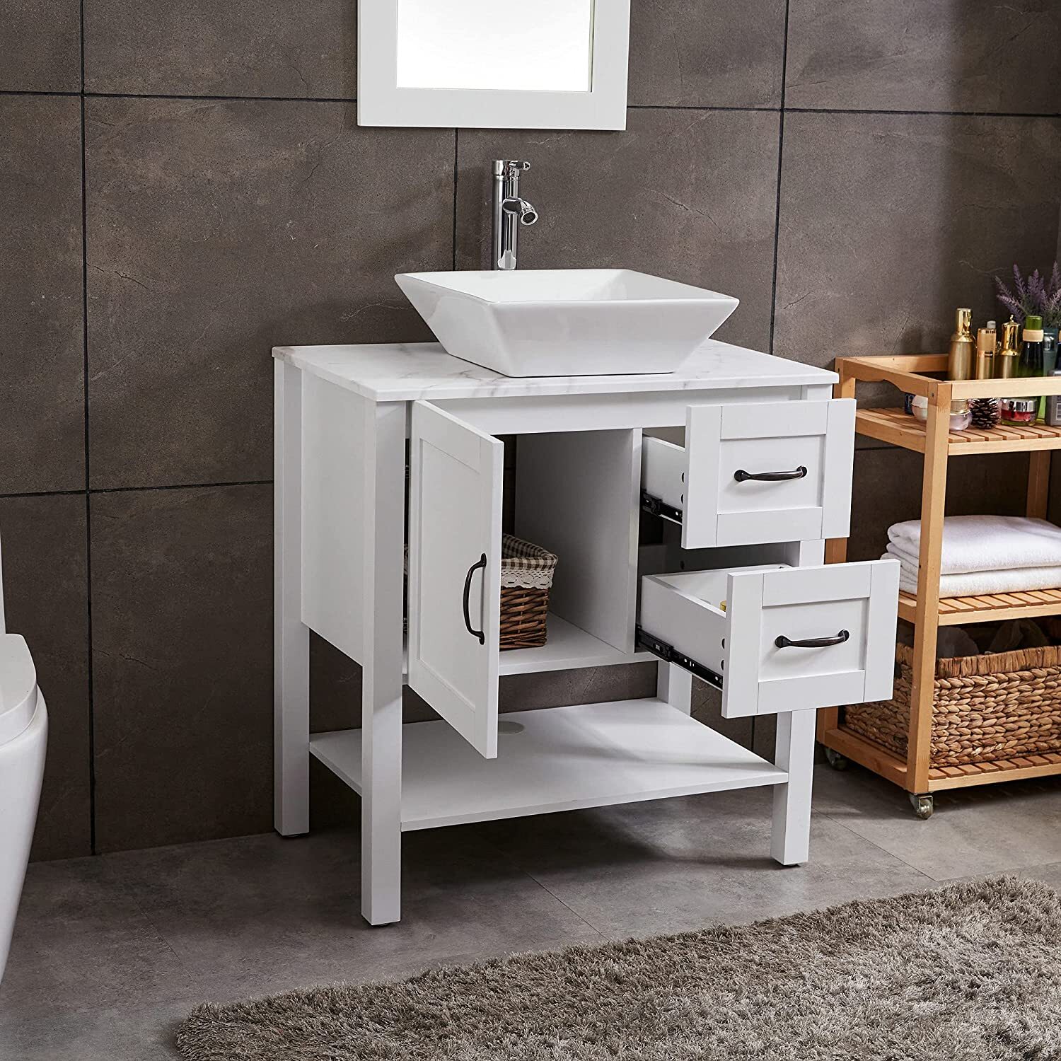 Goodyo 30″ Bathroom Vanity Sink Combo, Modern White Cabinet with Faucet, Mirror