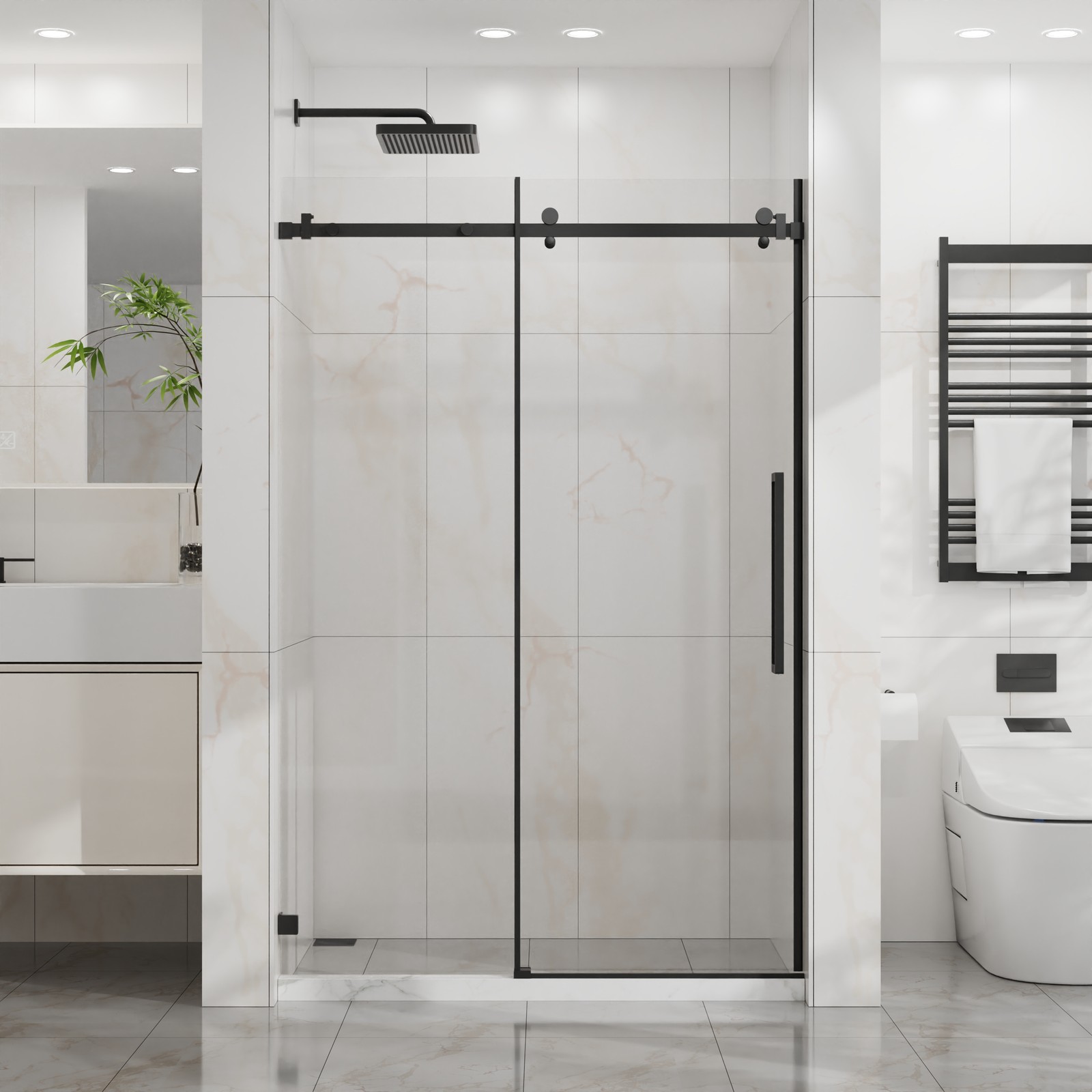 48″ W x 72″ H Sliding Shower Door, Frameless Sleek Glass Shower Door Matte Black