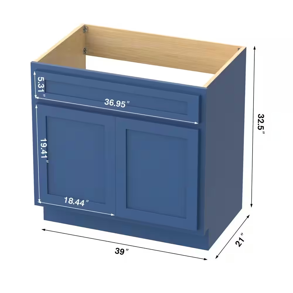 39 In. W X 21 In. D X 32.5 In. H 2-Doors Bath Vanity Cabinet without Top in Blue