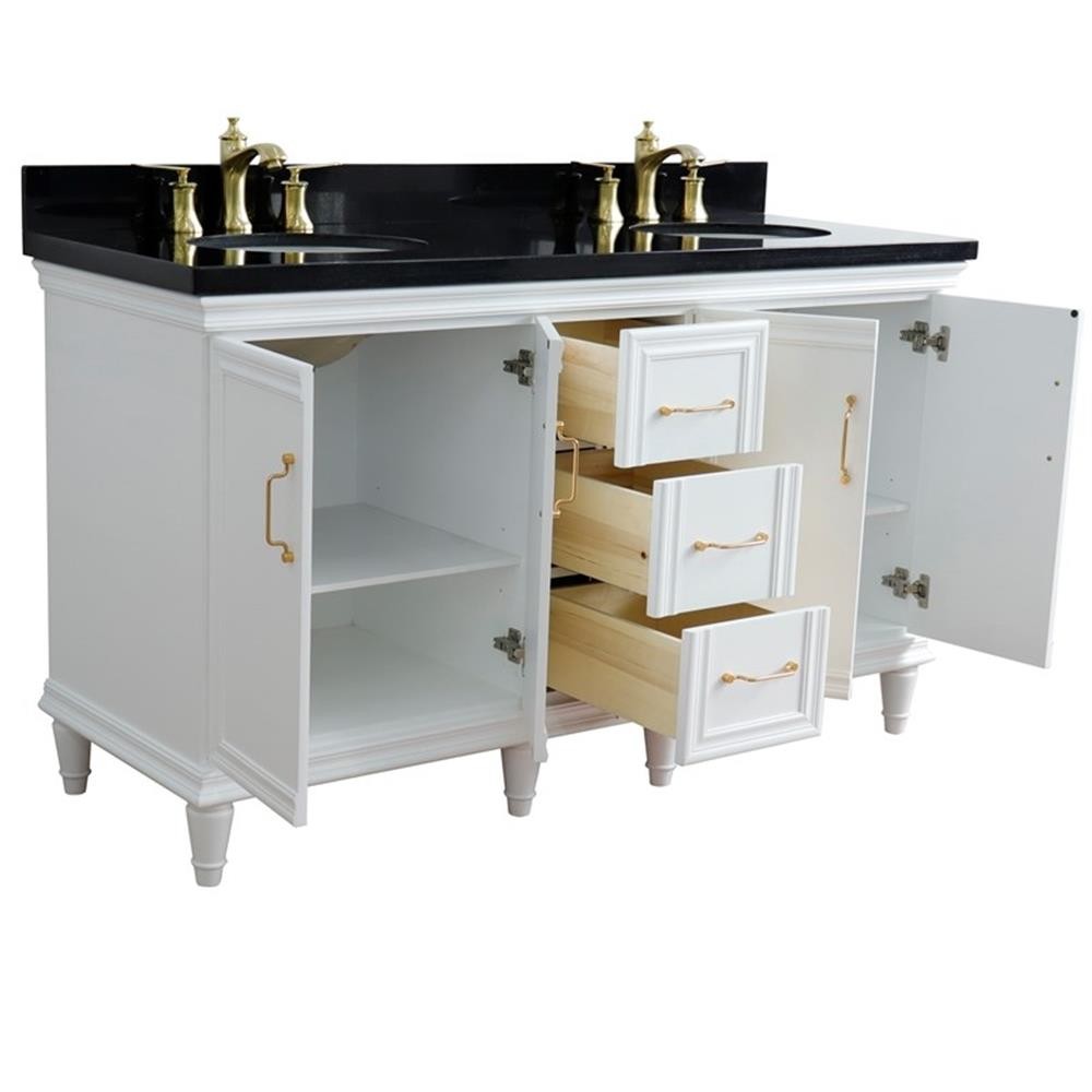 61 in. Double Wooden Vanity White Black Galaxy Granite Oval Sink