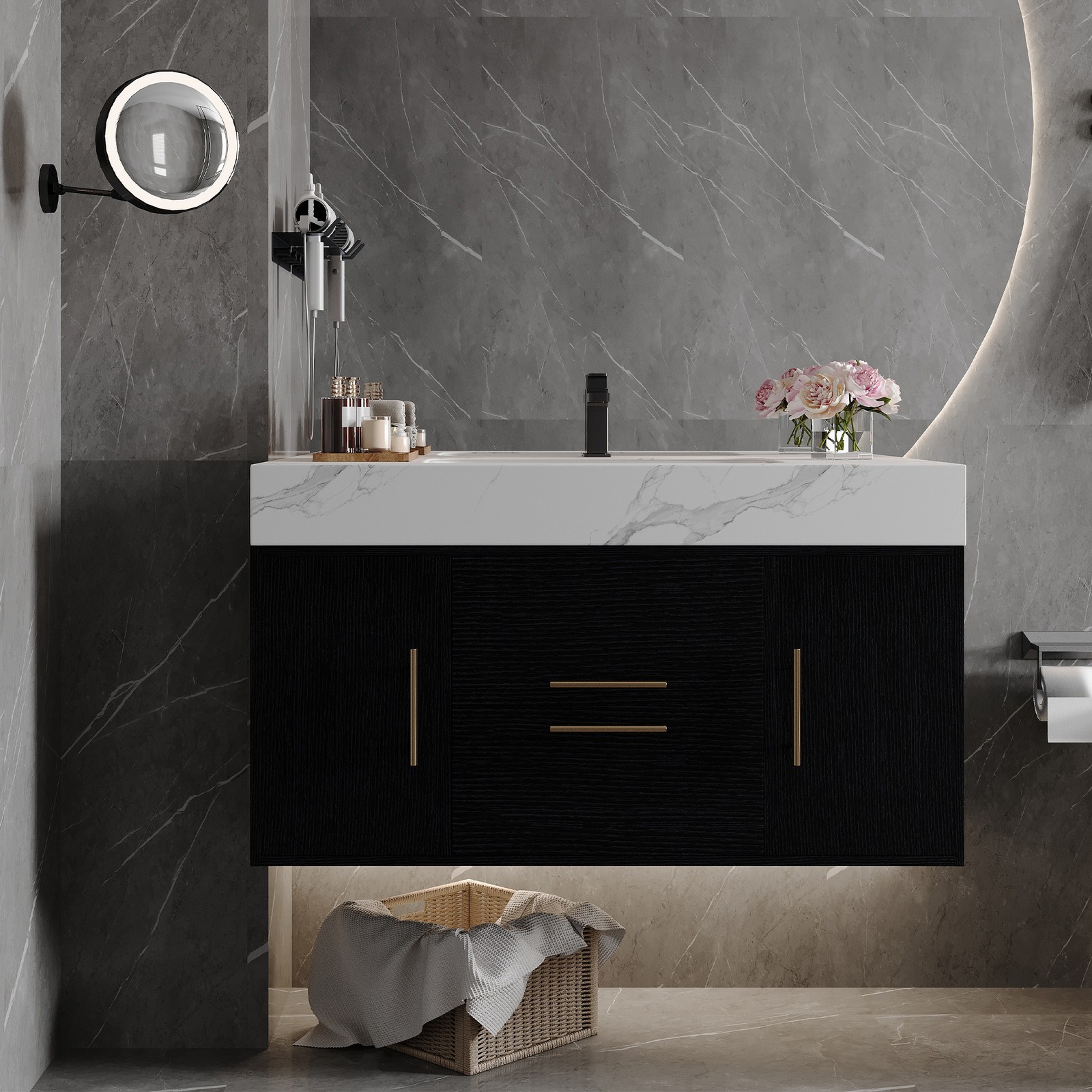 39.4″ Bathroom Vanity with Sink, Waterproof Plywood Cabinet, Ceramic Basin