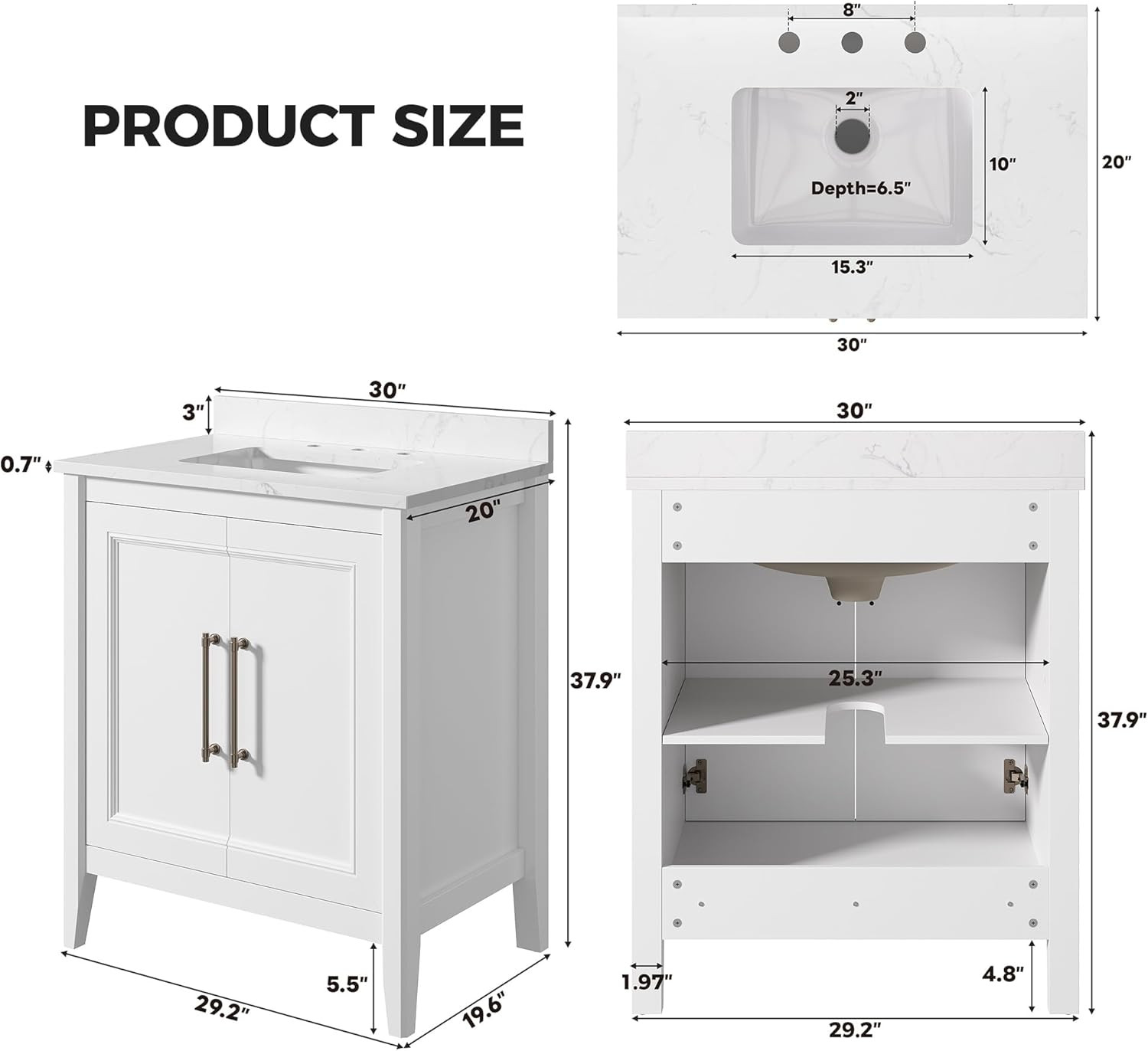 30″ Modern Bathroom Vanity with Sink, Soft-Close Doors & Engineered Stone Top