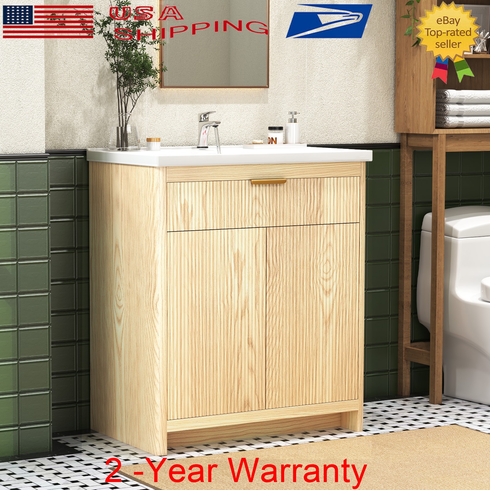 31″ Bathroom Vanity w/Ceramic Sink Modern Freestanding Vanity Cabinet w/ 2 Doors
