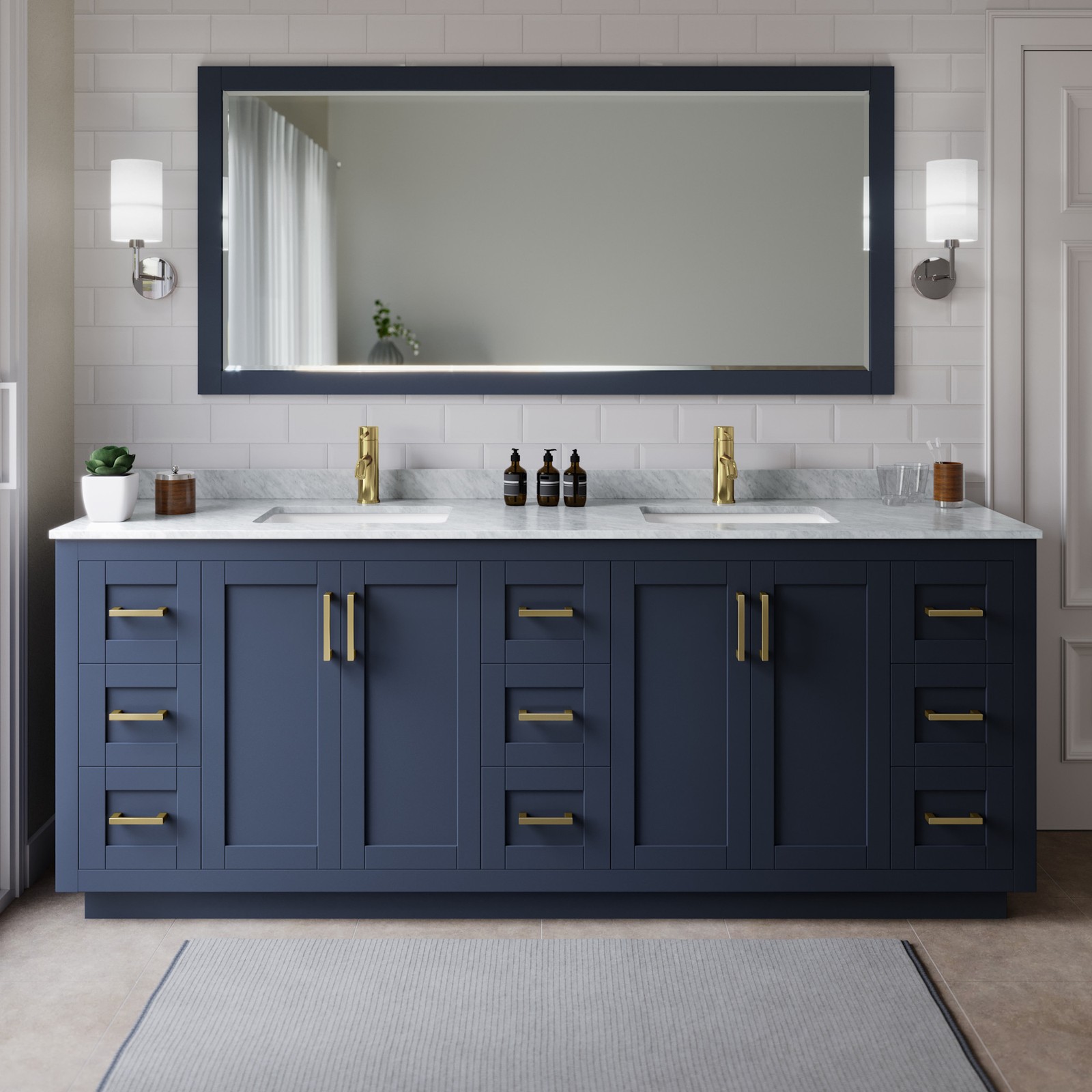 Wyndham Collection WCF2929-84D-NAT-M70 Miranda 84″ – Dark Blue / White Carrara