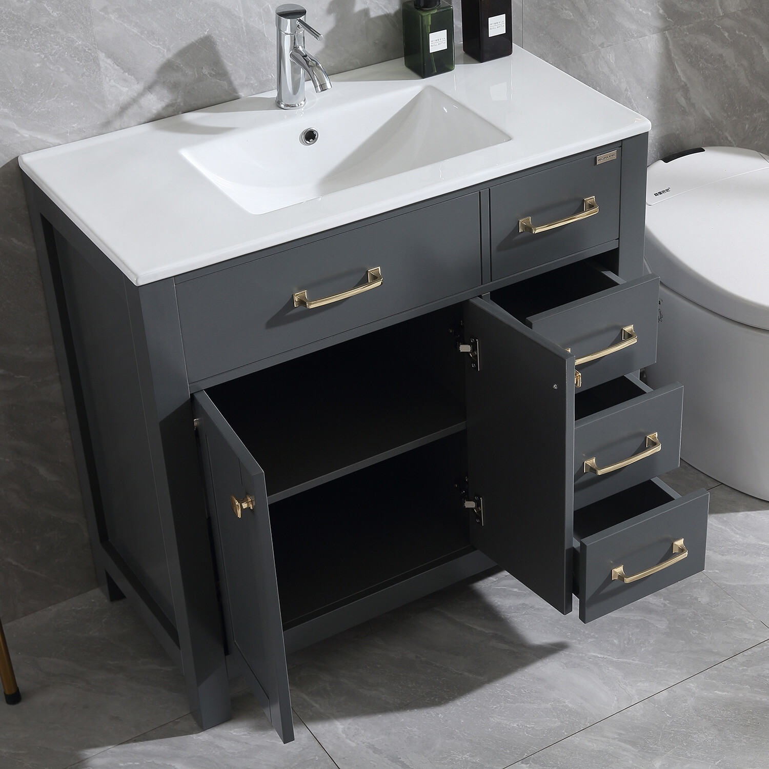Wonline 36″ Bathroom Vanity Gray Cabinet & Ceramic Vessel Sink Shaker Vanity Set
