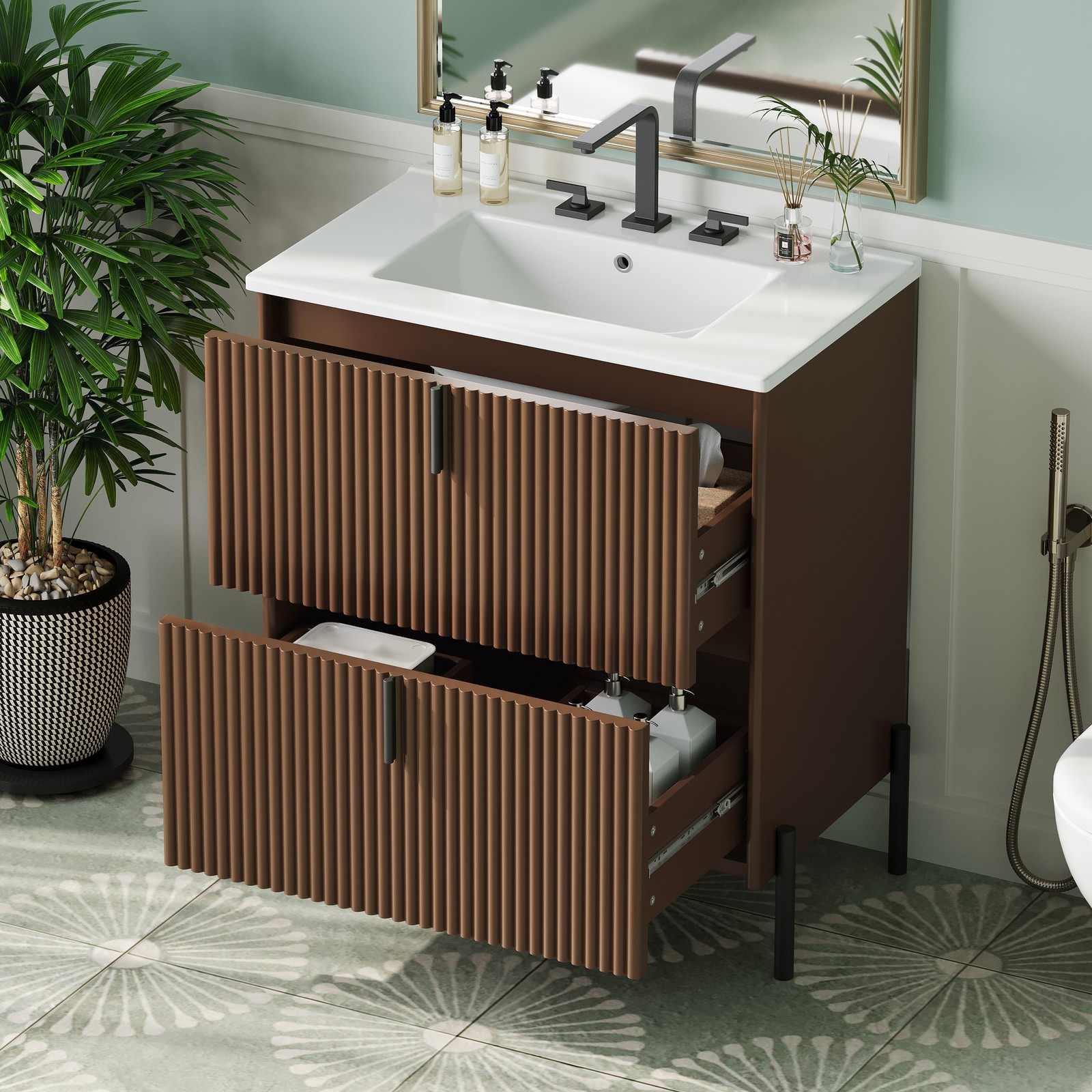 30″ Bathroom Vanity with Ceramic Sink Freestanding Bathroom Vanity w/2 Drawers