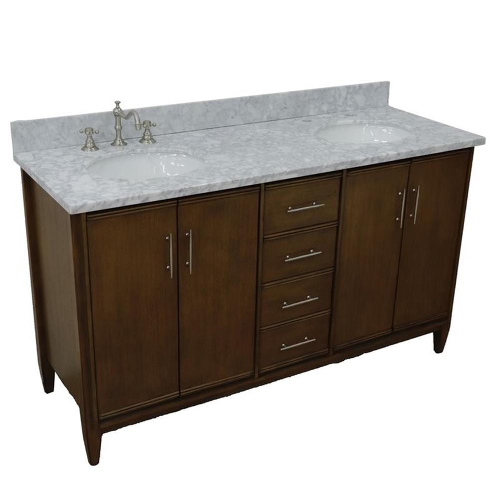 Pemberly Row 61″ Double Oval Sink Solid Wood Vanity in Walnut/White Carrara