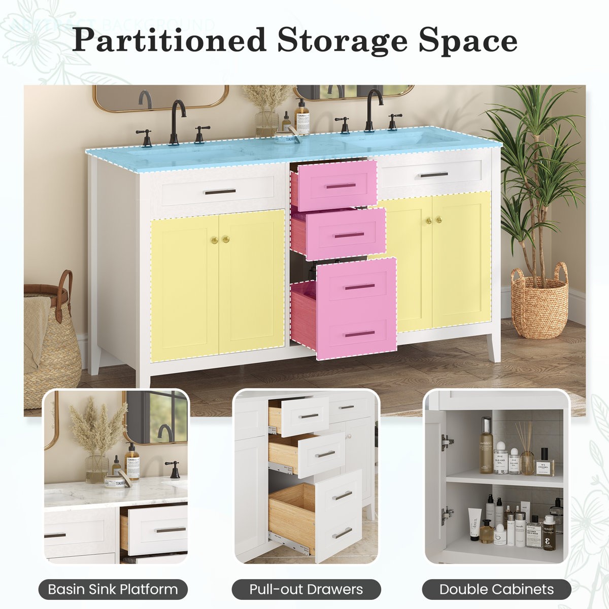 60″ Double Sink Bathroom Vanity w/ Ceramic Top Modern Wood Cabinet 3-Drawer