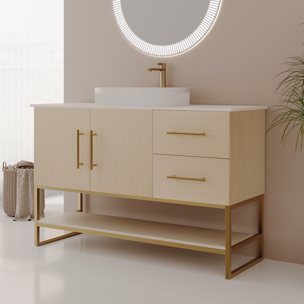 36″ Modern Bathroom Vanity Ceramic Vessel Sink Gold Accent Free Standing Cabinet
