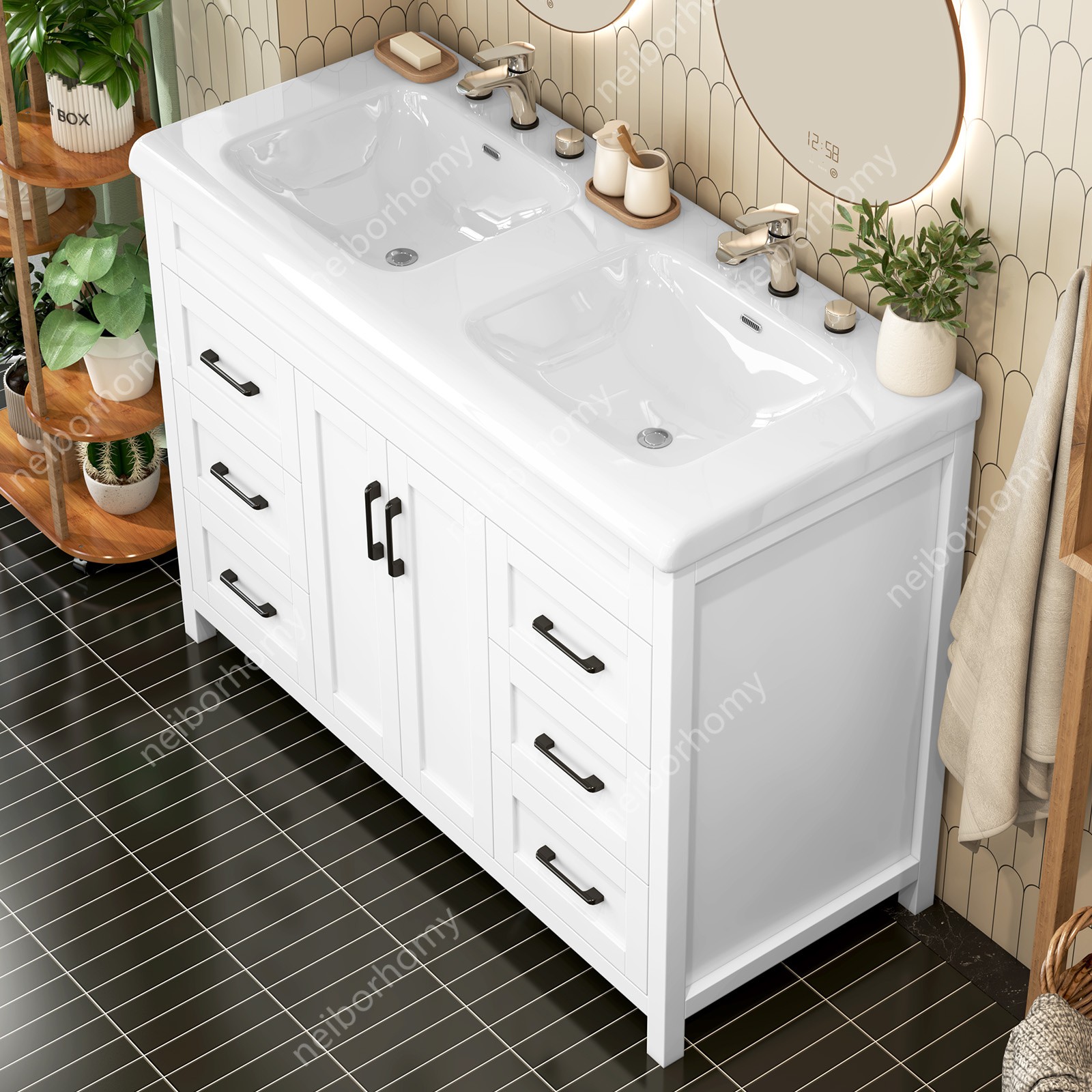 47″ Bathroom Vanity Double Sink Ceramic Freestanding Cabinet Storage Drawers