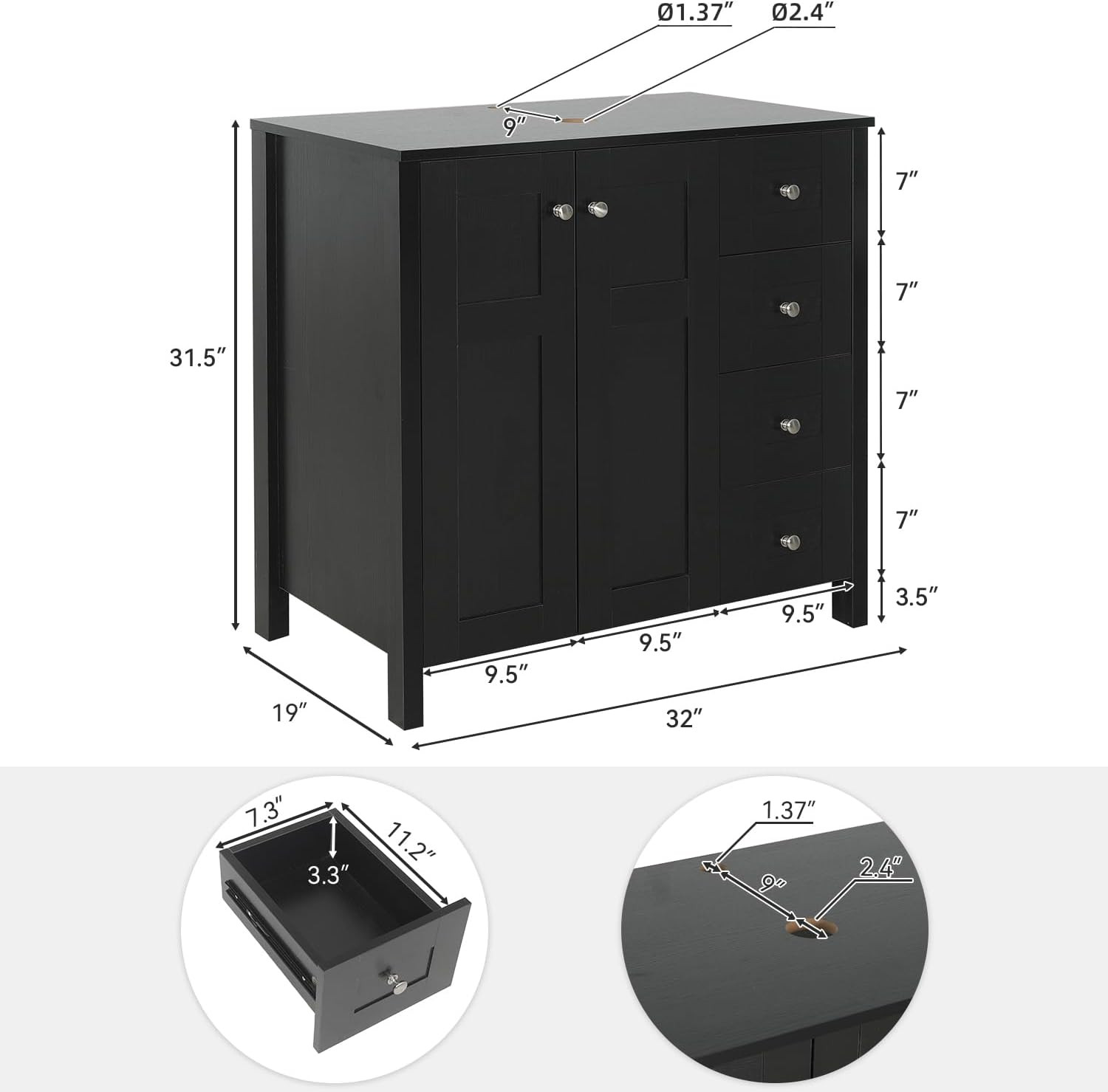 32 Inch Bathroom Vanity with Sink, Traditional Freestanding Black Bathroom Vanit