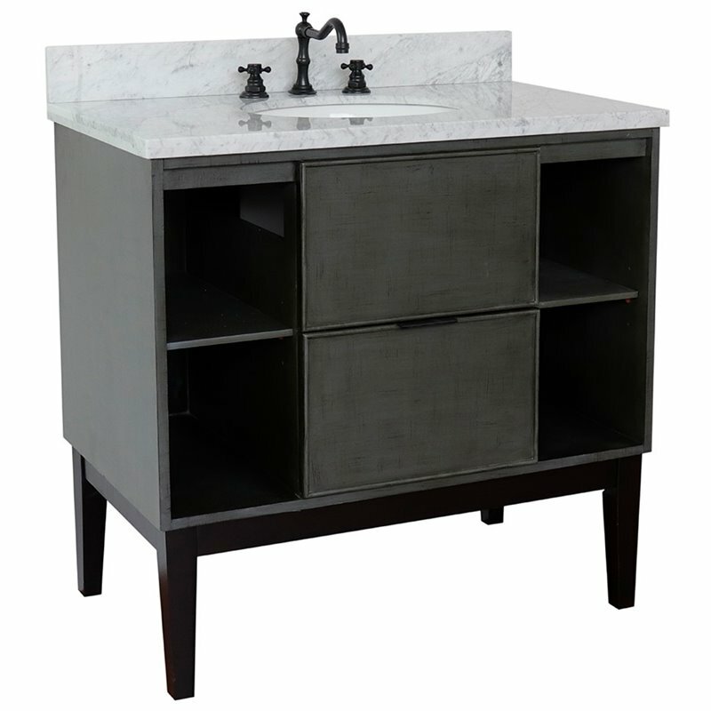 Scandi Solid Wood Oval Sink Vanity with White Carrara Top in Linen Gray