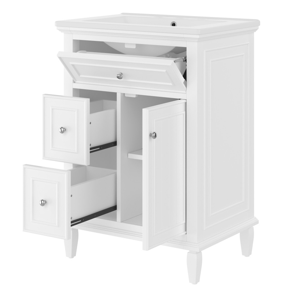 24 Inch White Bathroom Vanity with Ceramic Sink Solid Wood MDF Cabinet