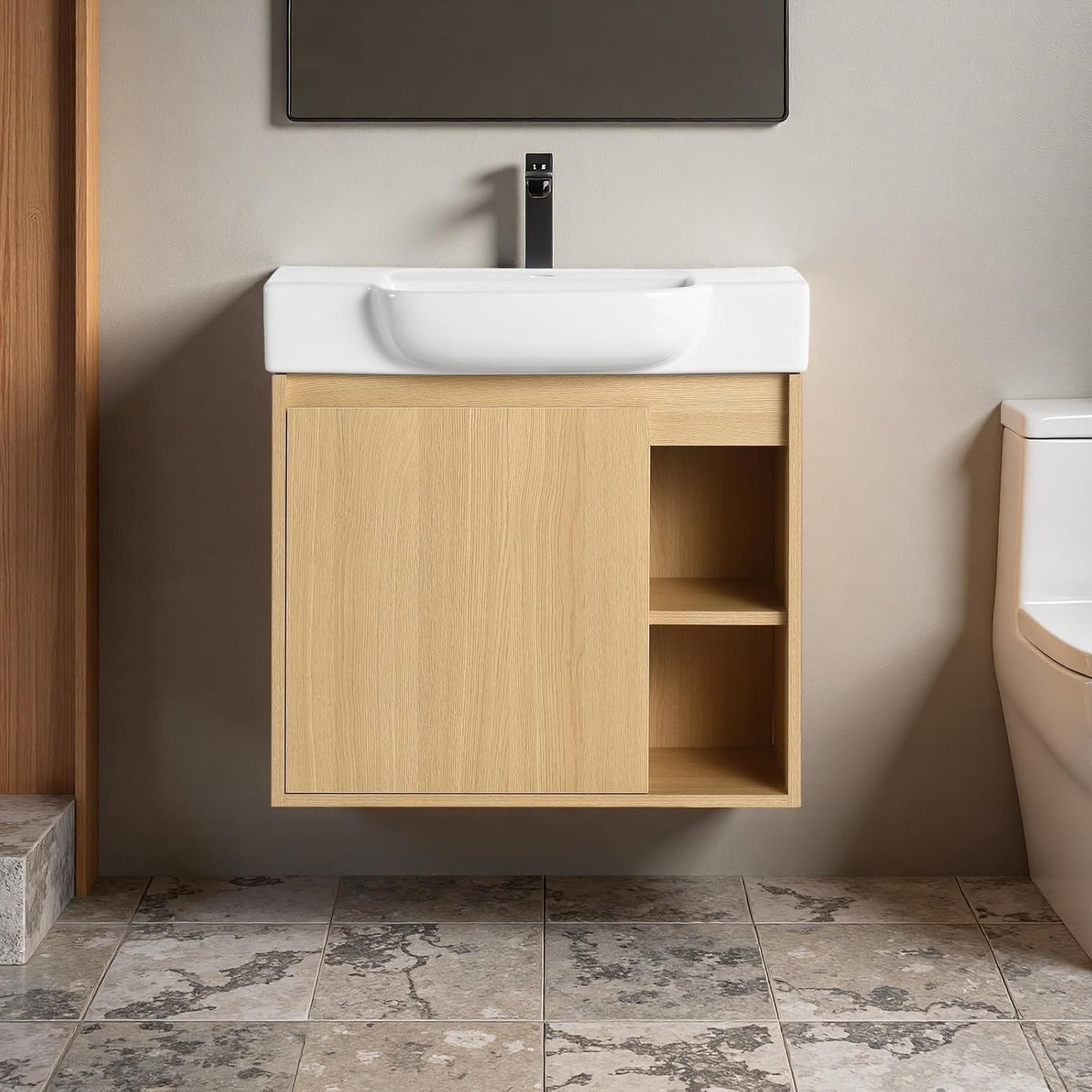 Modern 24″ Wall-Mounted Bathroom Vanity with Ceramic Sink & Open Shelves, Light