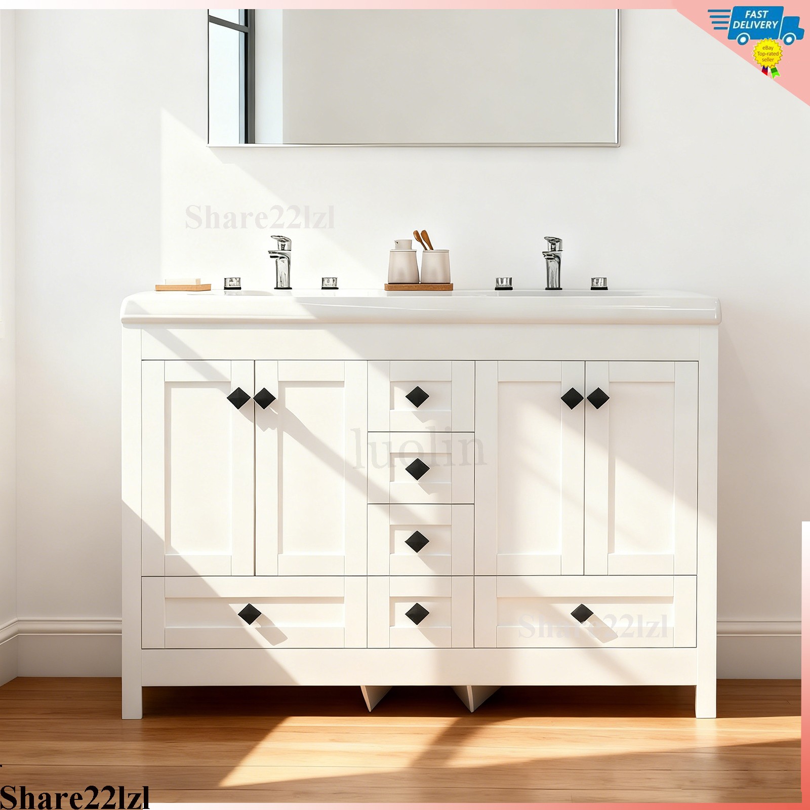 47″ Bathroom Vanity Double Sink Ceramic Freestanding Cabinet 5 Drawers,White