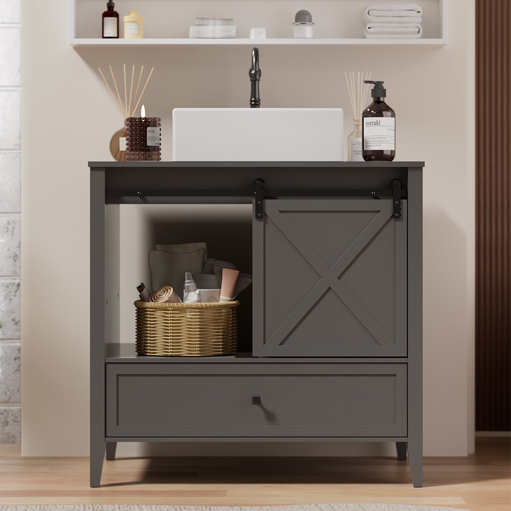 36 in Bathroom Vanity Cabinet Sink Organizer Vessel Farmhouse Sliding Barn Door