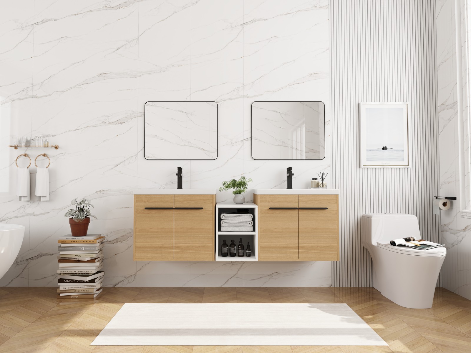 60 Inch Wall Mounted Bathroom Vanity with Resin Sink, 4 Doors & Shelves