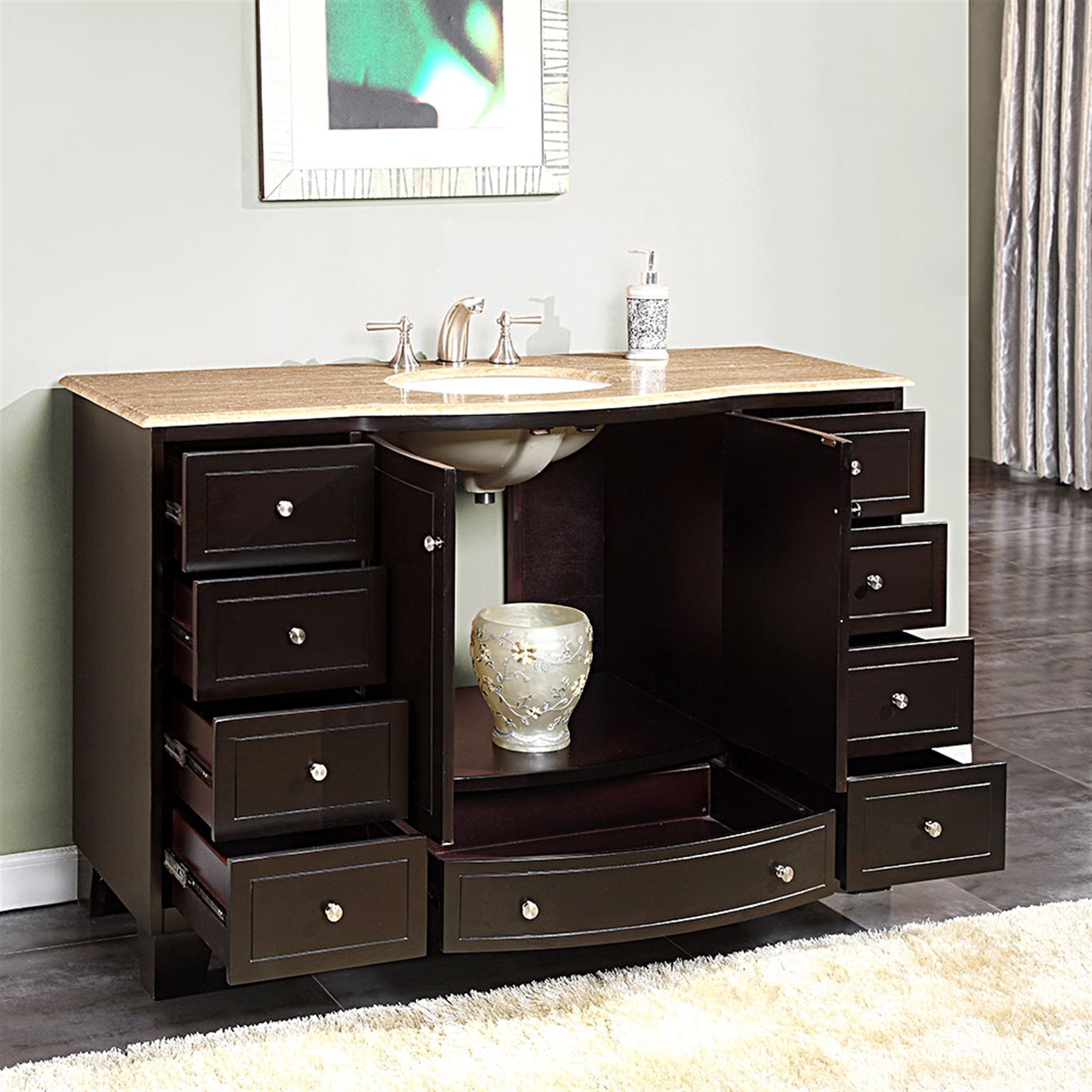 55-inch Single Sink Bathroom Vanity Travertine Stone Top Espresso Cabinet 0703TR