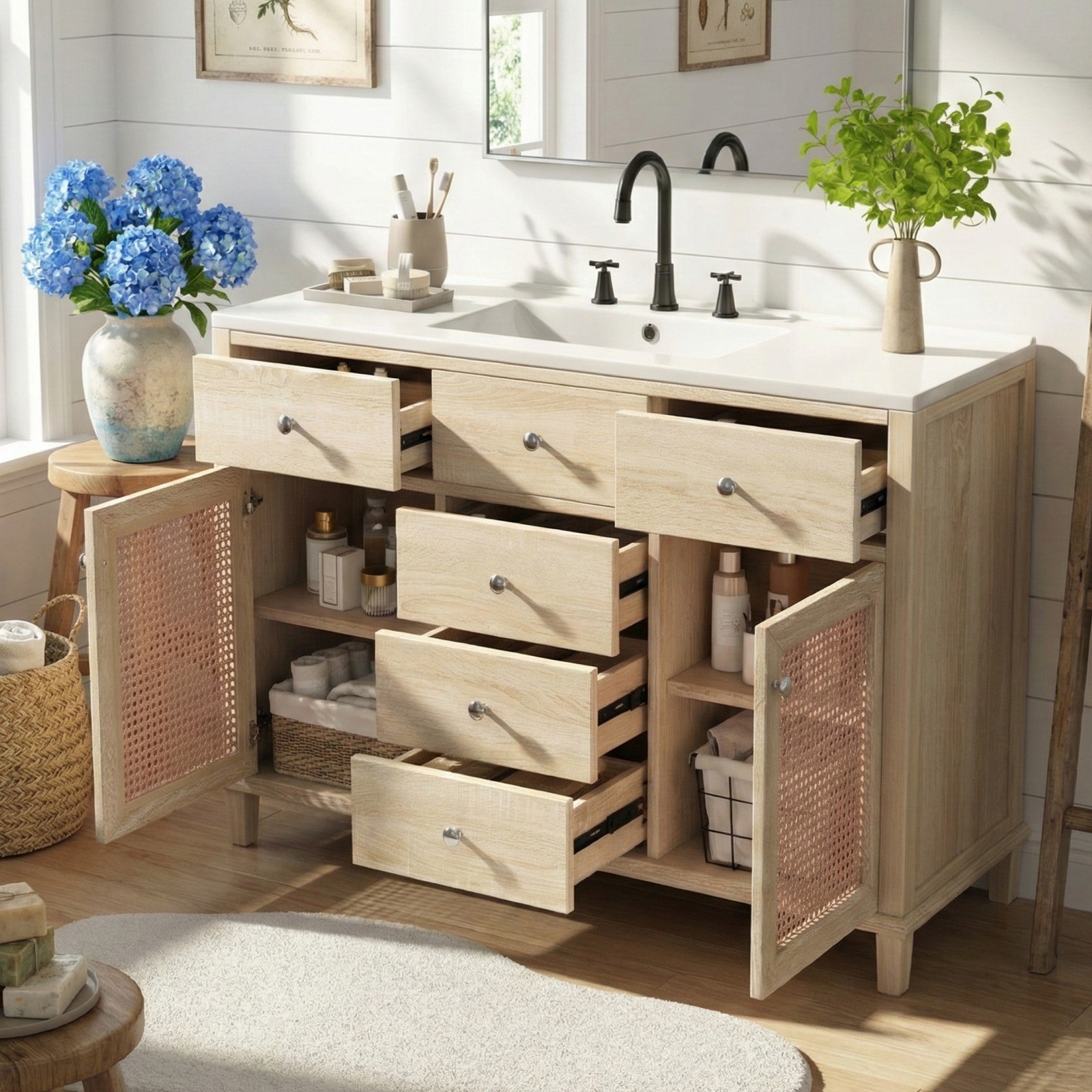 Natural Rattan Bathroom Vanity 48″/2 Cabinets/Sink & Solid Wood Frame Fre Ship