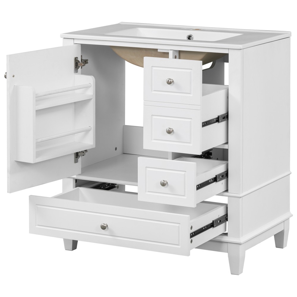 30″ Bathroom Vanity with Sink, One Door with Shelf and Three Drawers