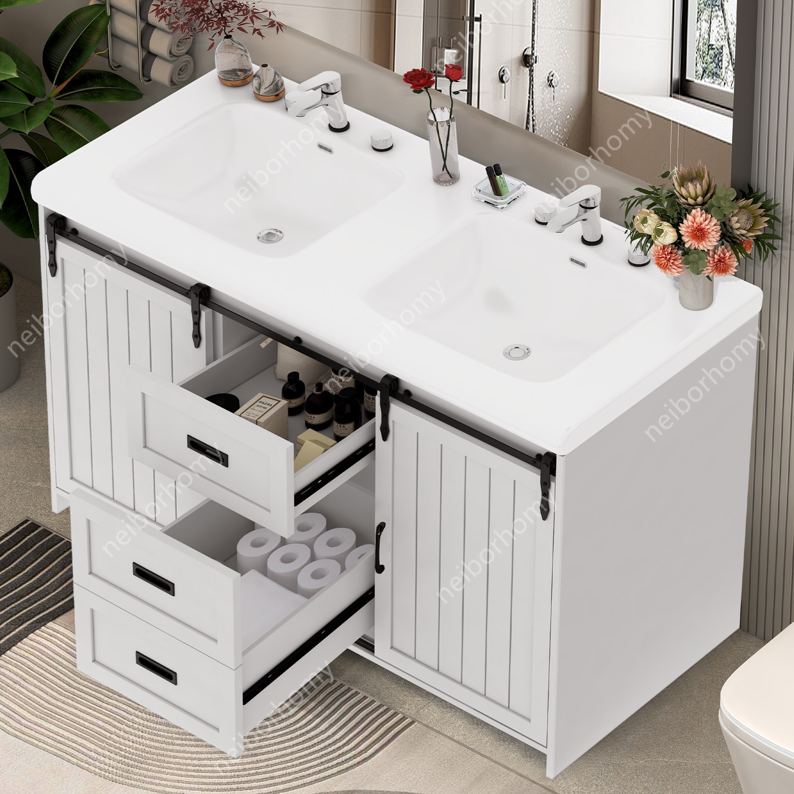 White 47″ Bathroom Double Sink Vanity Cabinet Ceramic Vessel Sink with 2 Drawers