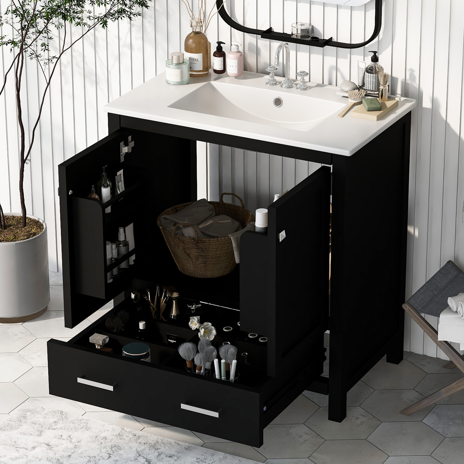 30″ Bathroom Vanity w/White Resin Basin Sink Top with 2 Doors and Big Drawer