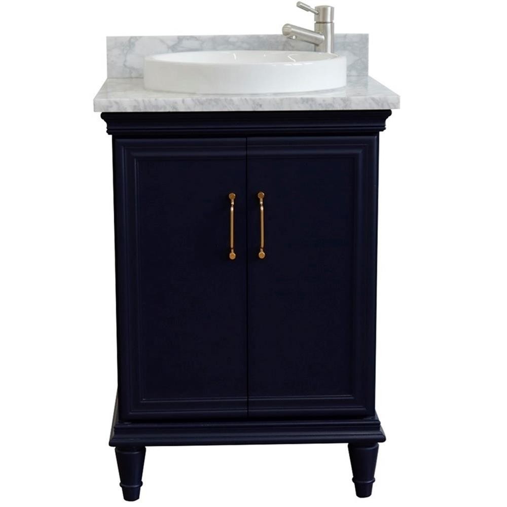 25 in. Single Wooden Vanity Blue with White Carrara Round Sink